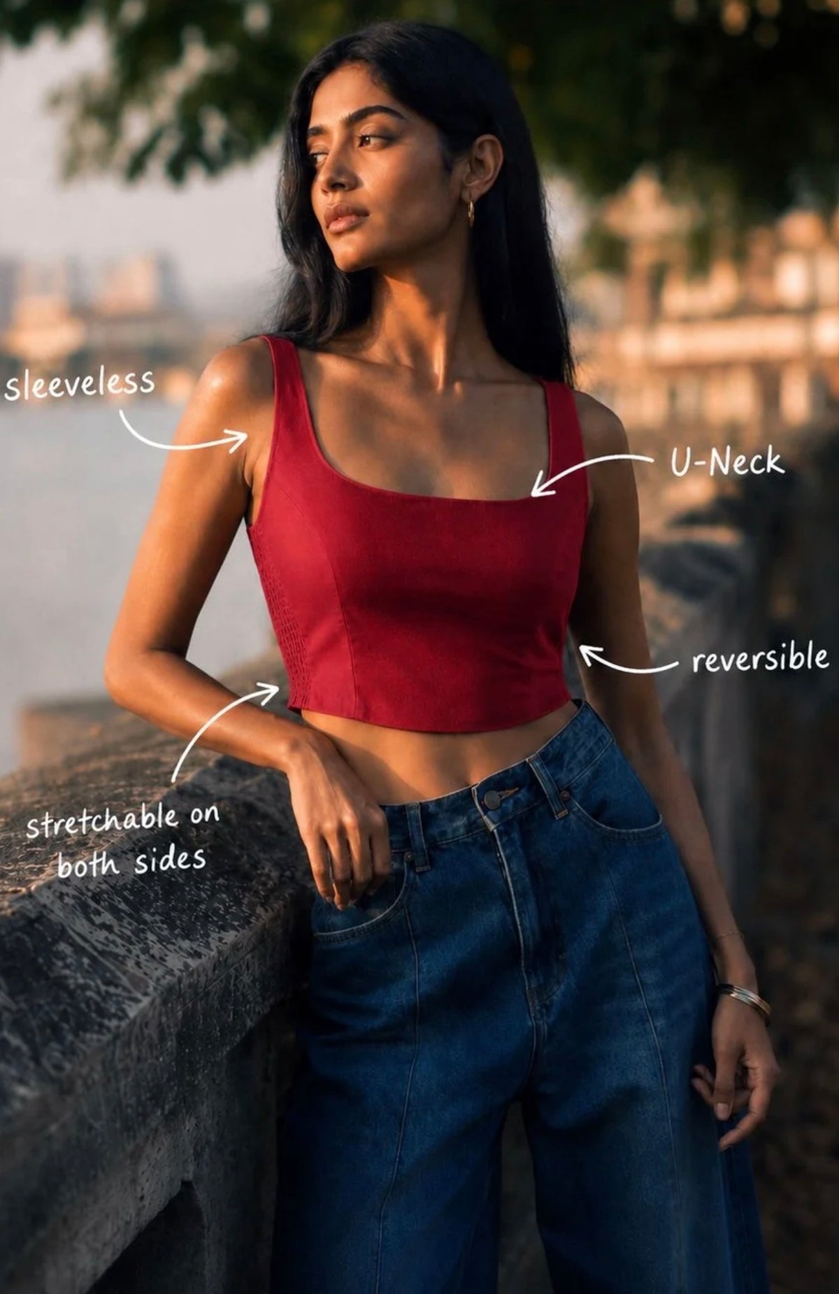 Women Non-Padded Square Neck Sleeveless Reversible Stretchable Crop Blouse