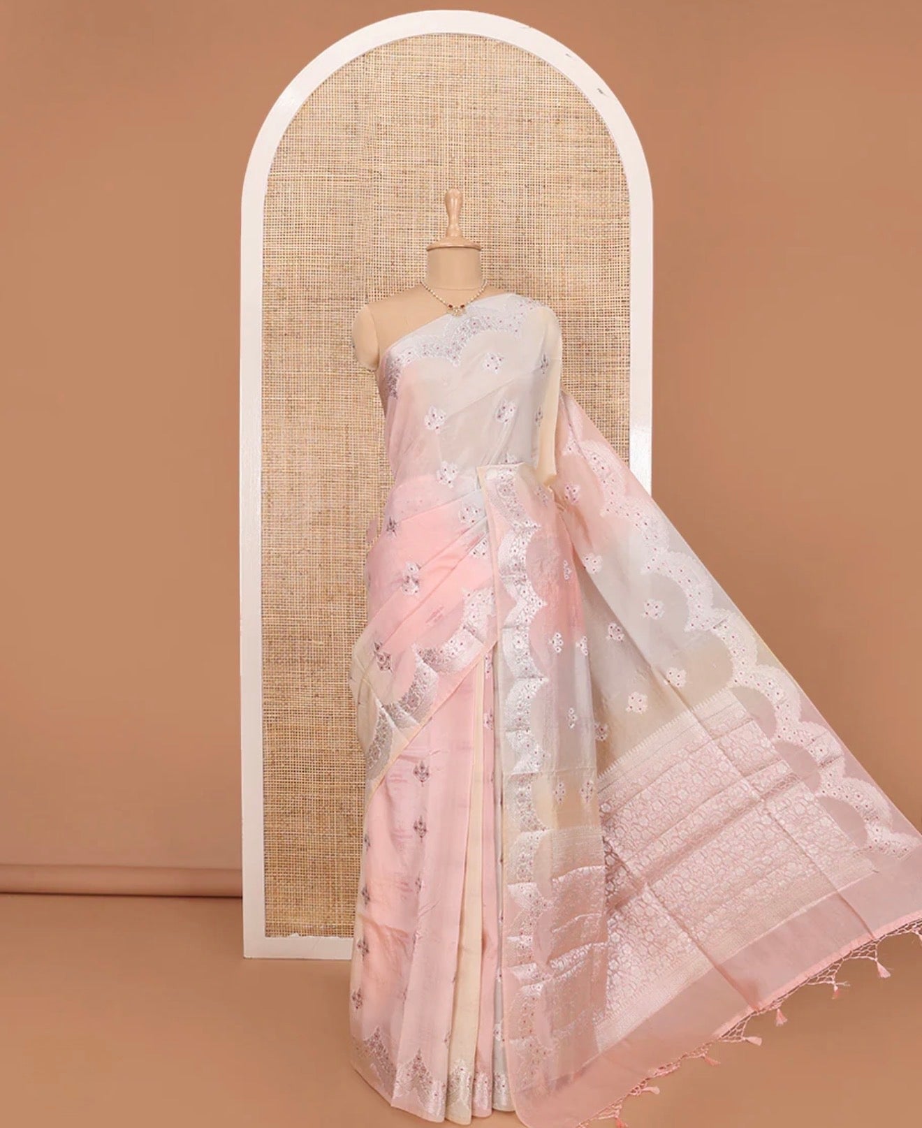 Multi-color floral meena buttas tussar saree, scallop floral design zari border, and floral jaal pallu