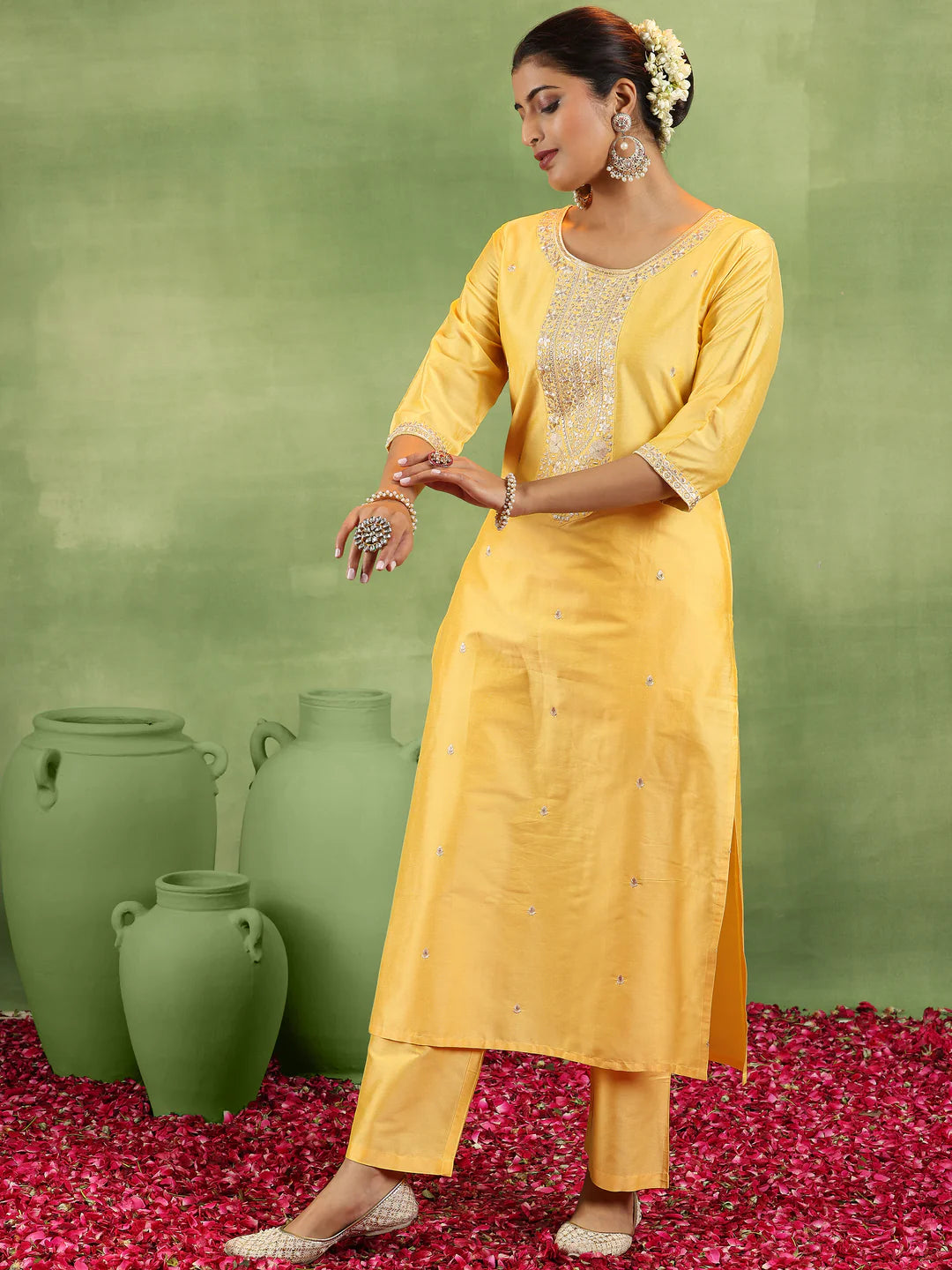 Yellow Embroidered Silk Blend Straight Suit With Dupatta