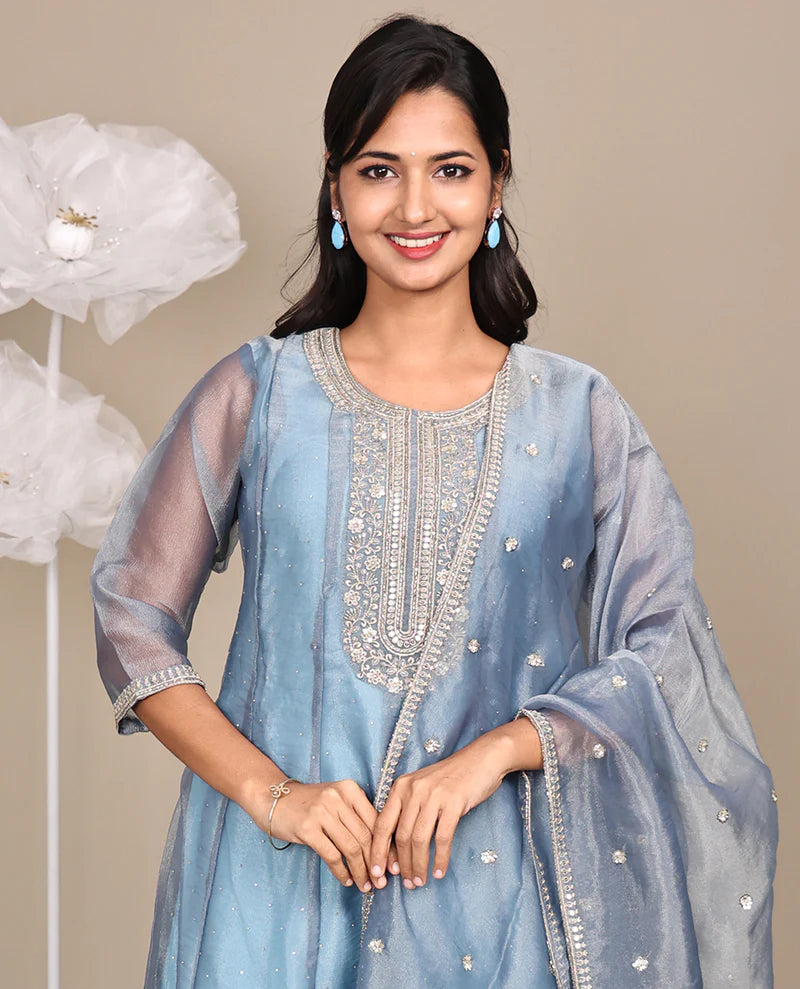 Grey Ready-Made Tissue Suit, Gleamed Up with Stonework, Embroidery, a Round Neckline, 3/4 Sleeves, and an A-Line Top, Paired with Straight-Cut Pants and an Embroidered Dupatta