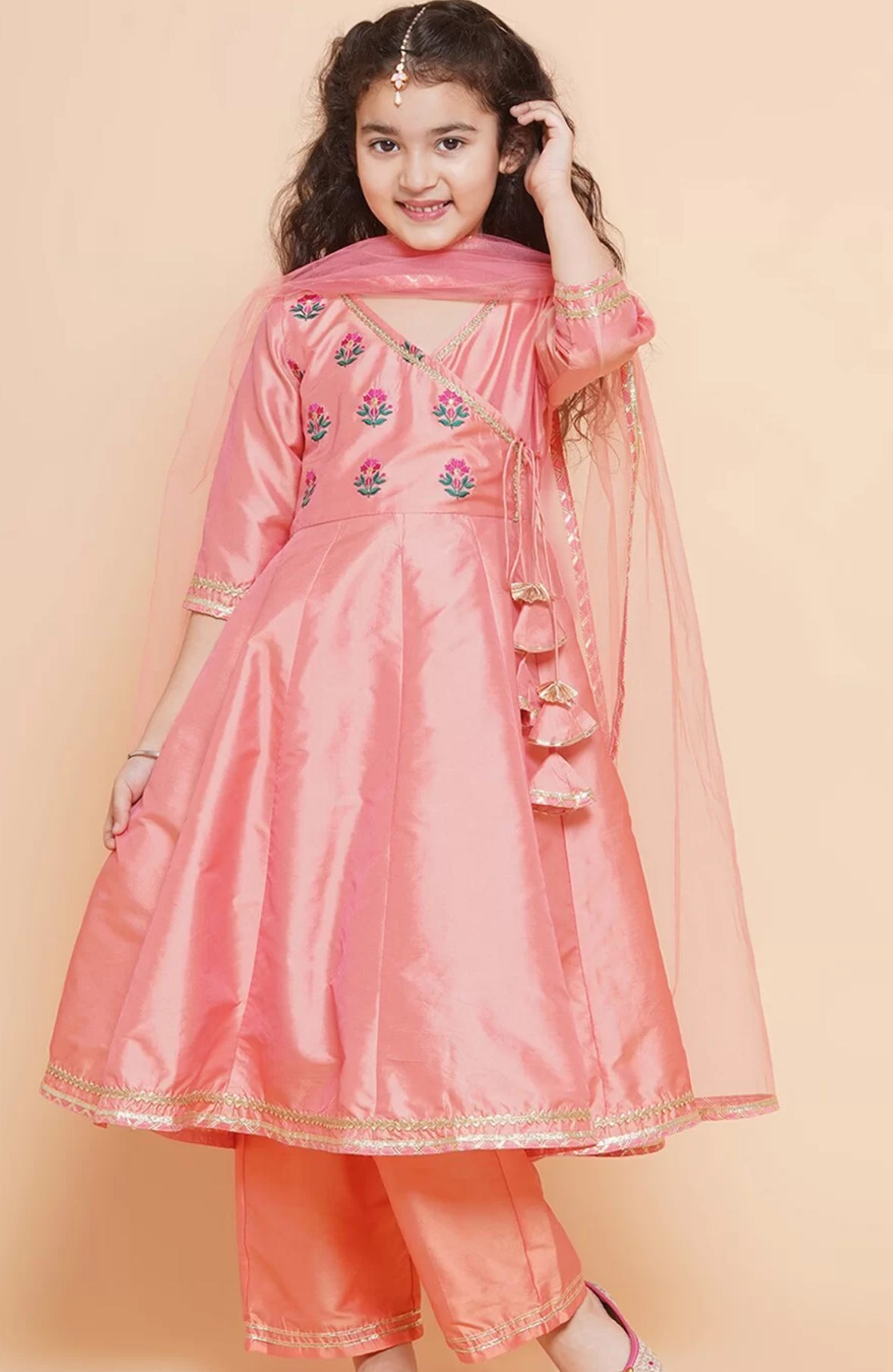 Girls embroidered Angrakha gotta patti kurta with trousers & dupatta