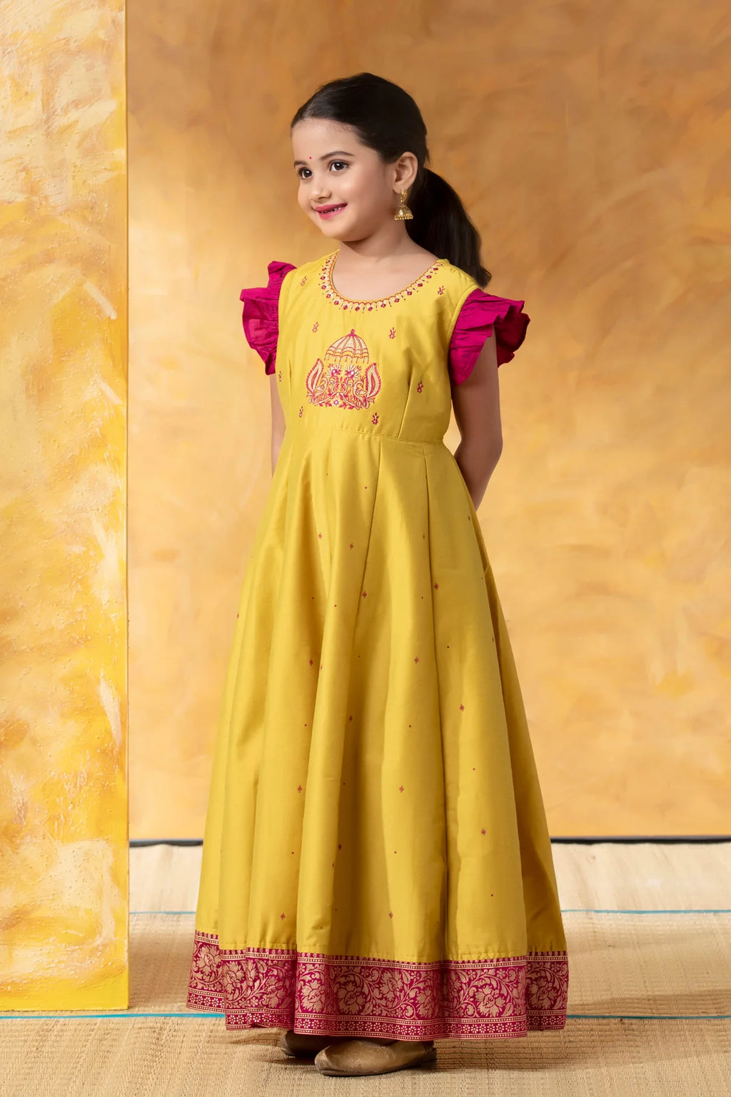 Lemon Green Kids Anarkali with Embroidery & Foil Work
