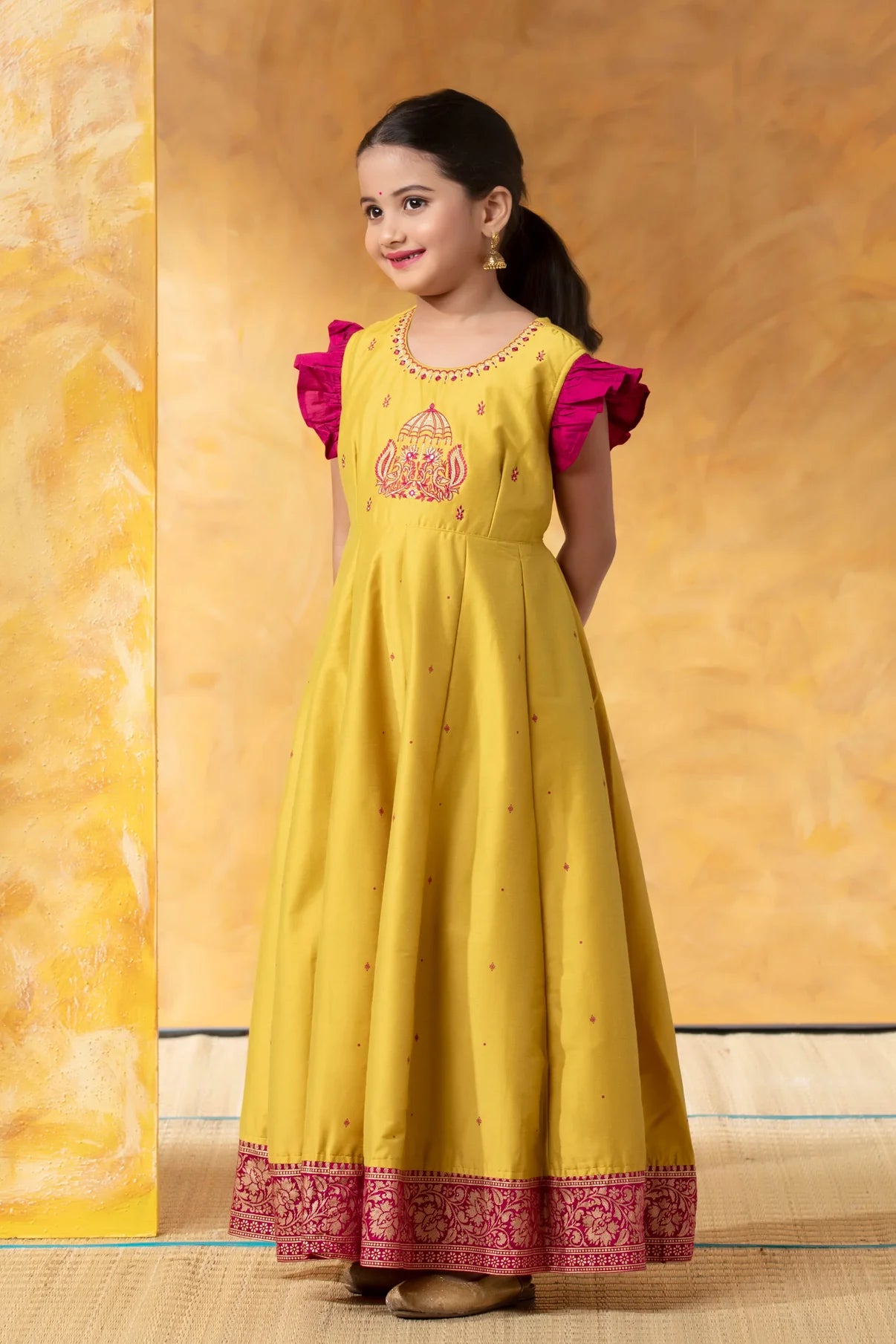 Lemon Green Kids Anarkali with Embroidery & Foil Work