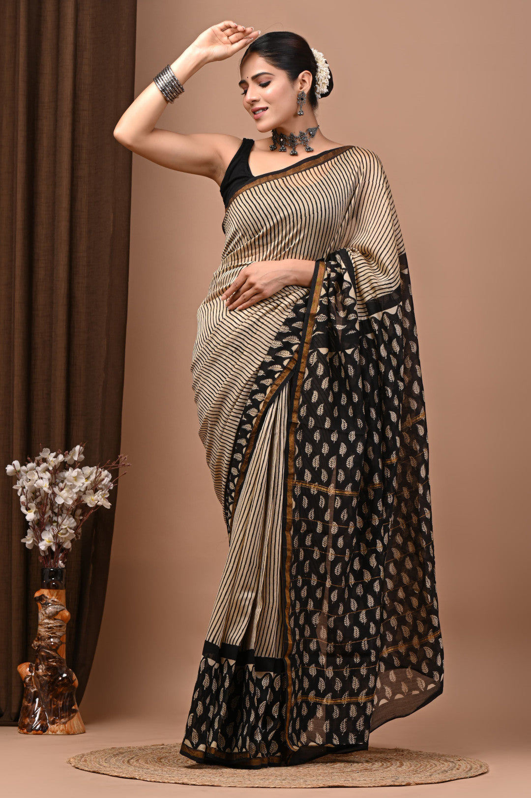 Pure chanderi silk saree with bagru handblock printed work