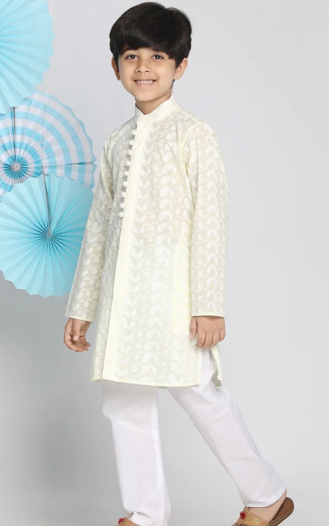 Boys Embroidered Chikankari Pure Cotton Kurta with Pyjamas