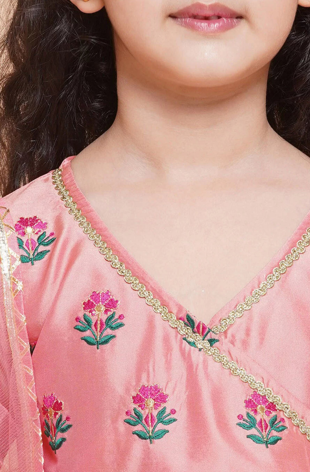 Girls embroidered Angrakha gotta patti kurta with trousers & dupatta