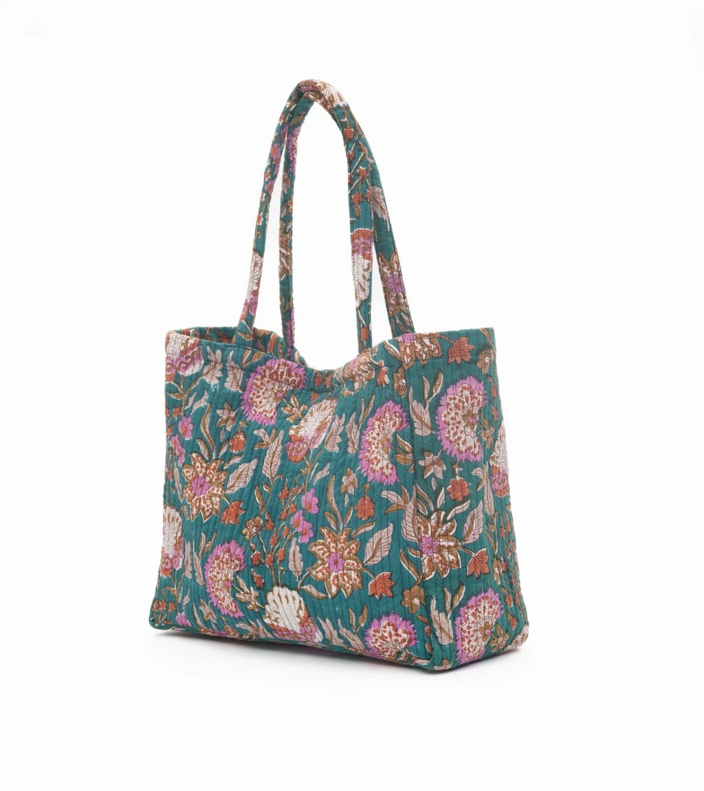 Green Handmade Tote Bag With Printed Motifs With Button (14"H X 17"W X 8"D)