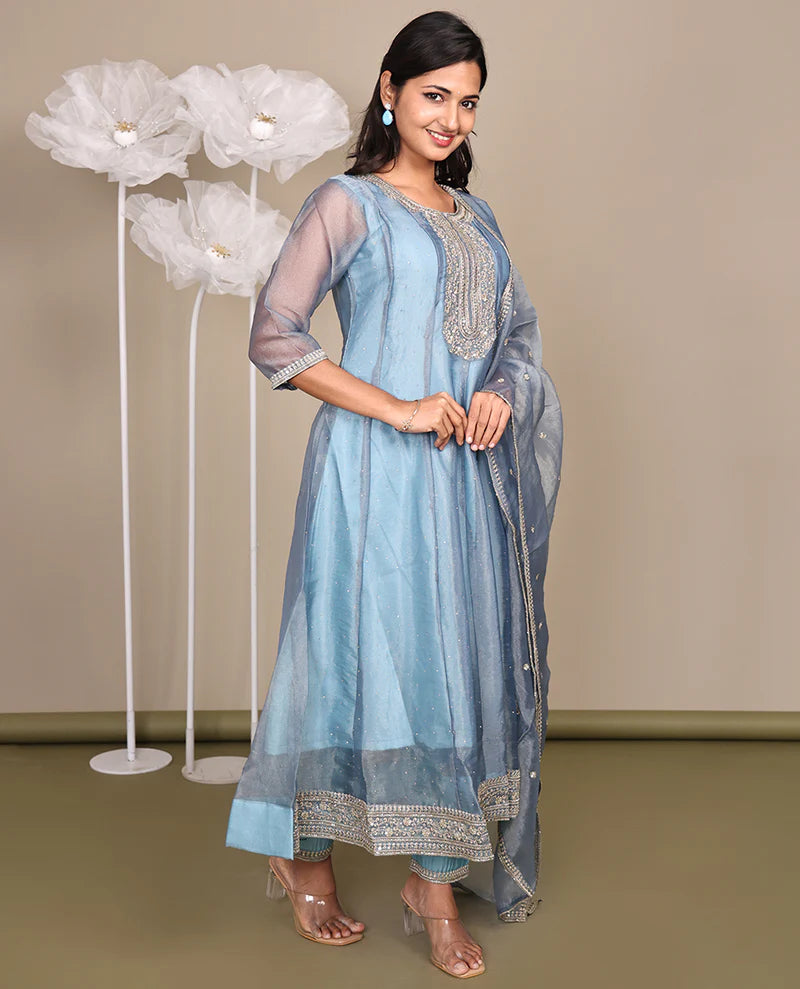 Grey Ready-Made Tissue Suit, Gleamed Up with Stonework, Embroidery, a Round Neckline, 3/4 Sleeves, and an A-Line Top, Paired with Straight-Cut Pants and an Embroidered Dupatta