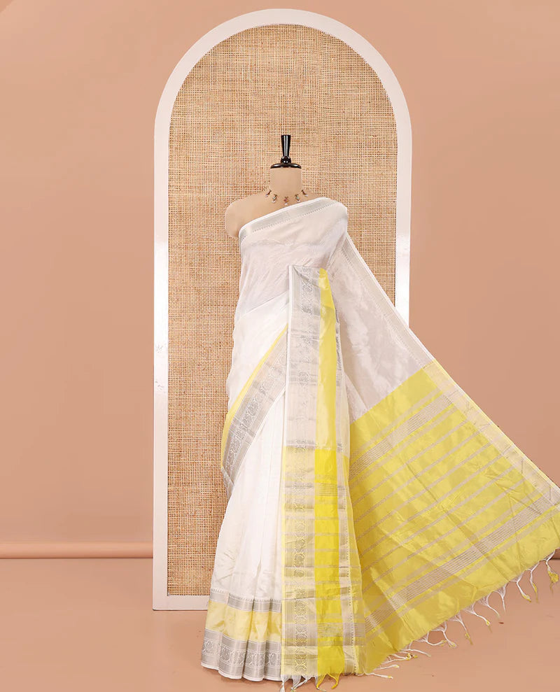 Off-White Mangalagiri Silk Saree, Sparsely Woven Stripes On Its Body, Complemented by Contrast Border