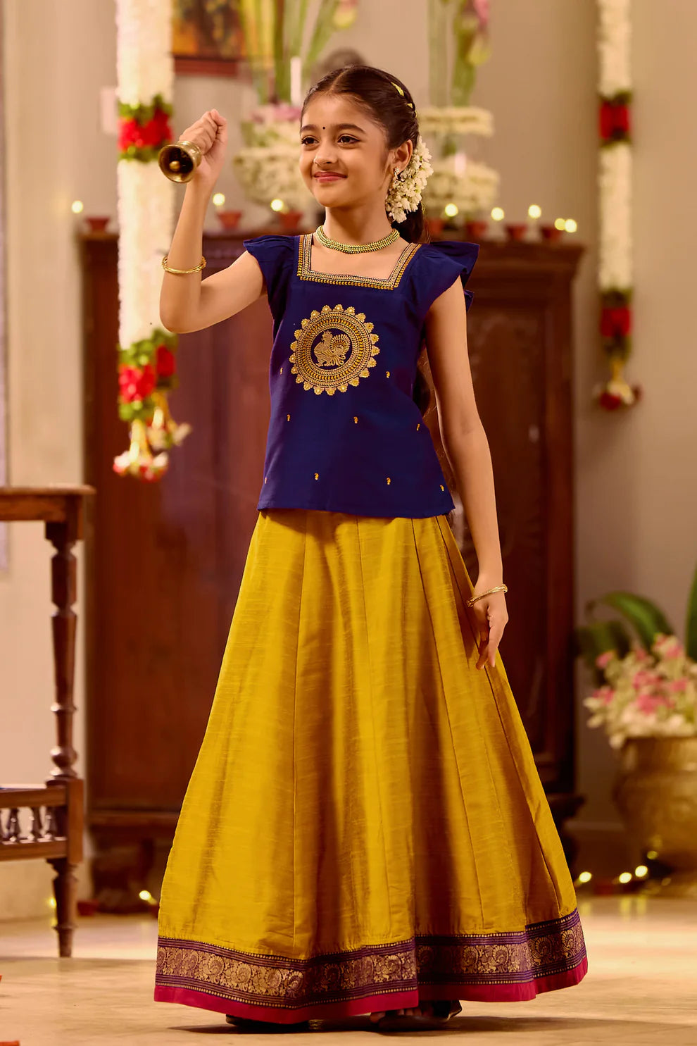 Purple & Mustard Kids Skirt Set with Annam Bird Embroidery