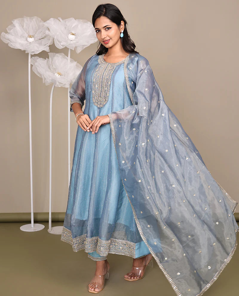 Grey Ready-Made Tissue Suit, Gleamed Up with Stonework, Embroidery, a Round Neckline, 3/4 Sleeves, and an A-Line Top, Paired with Straight-Cut Pants and an Embroidered Dupatta