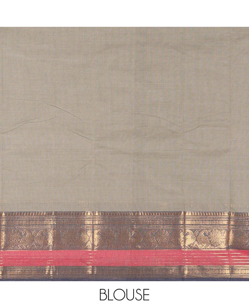 Light Grey zari buttas Chettinad cotton saree, contrast rettai pettu traditional zari border, striped pallu & blouse of zari border