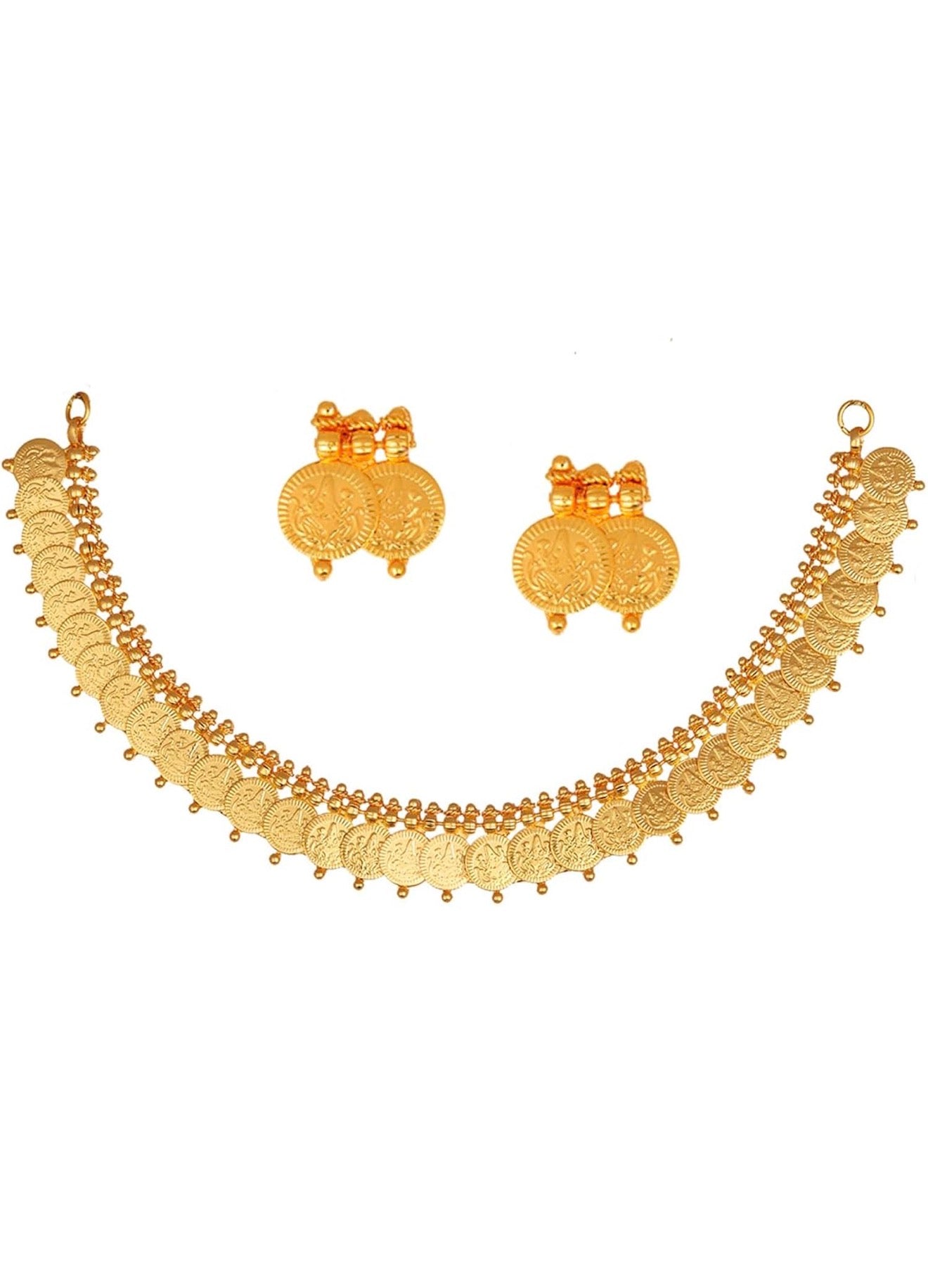 Gold Plated Lakshmi Temple Coin Necklace Set With Earrings