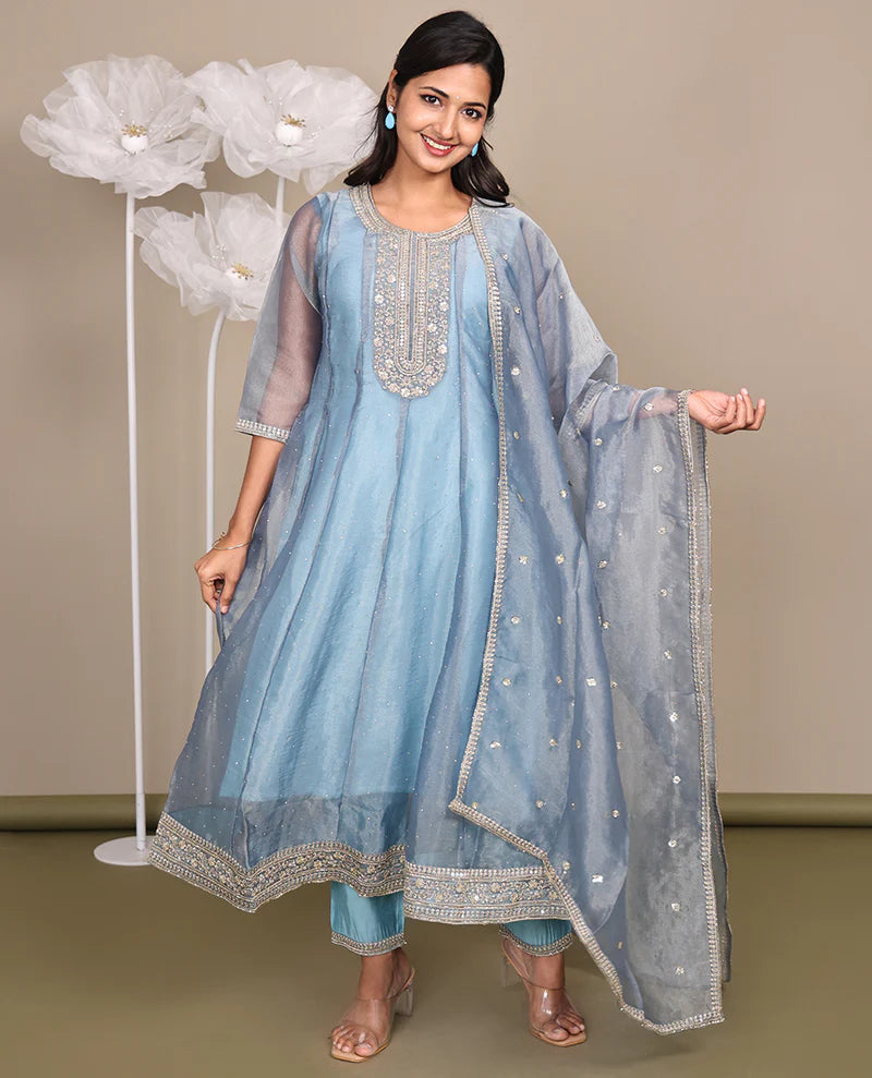 Grey Ready-Made Tissue Suit, Gleamed Up with Stonework, Embroidery, a Round Neckline, 3/4 Sleeves, and an A-Line Top, Paired with Straight-Cut Pants and an Embroidered Dupatta