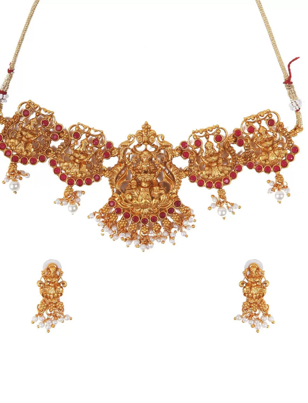Gold-Plated Stone Studded & Beaded Lakshmi Goddess Temple Jewellery Set