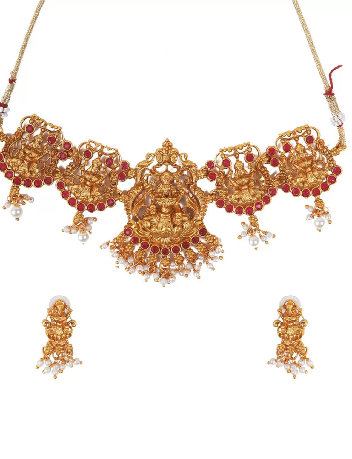 Gold-Plated Stone Studded & Beaded Lakshmi Goddess Temple Jewellery Set