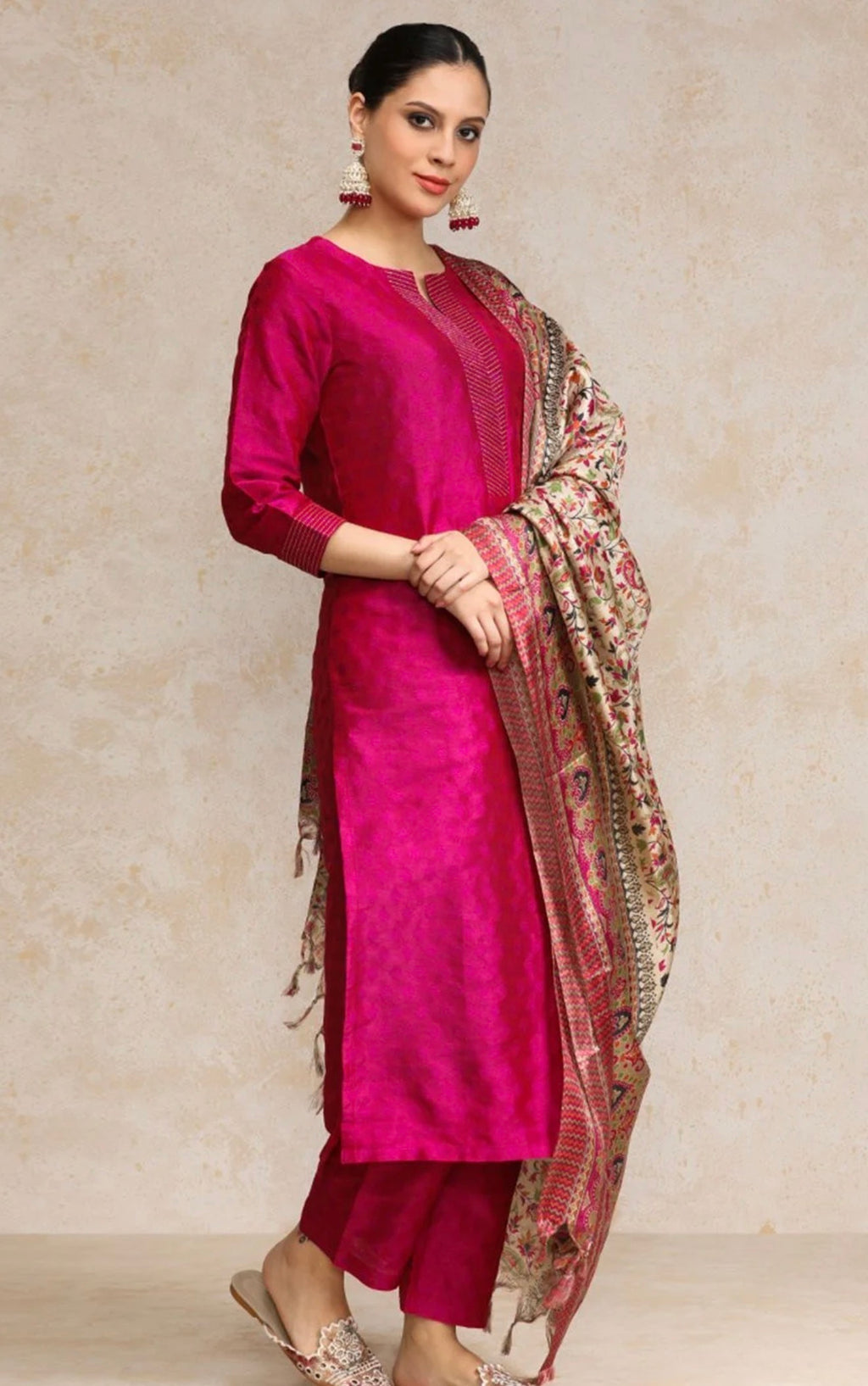 Women Pink Zari Work textured Kurta with Trouser and Printed Dupatta