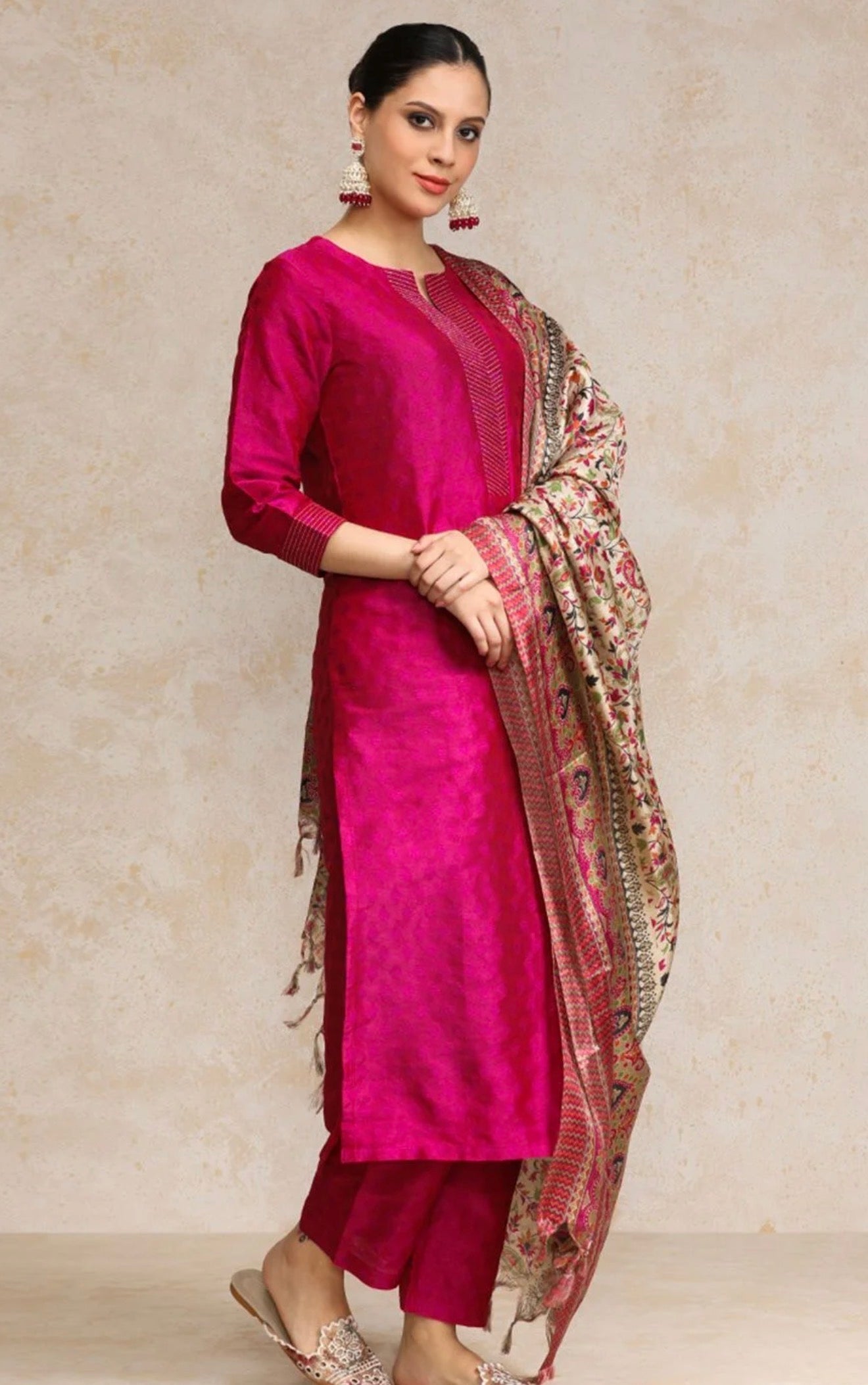 Women Pink Zari Work textured Kurta with Trouser and Printed Dupatta