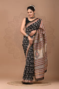 Black colour pure chanderi silk saree with bagru handblock printed work