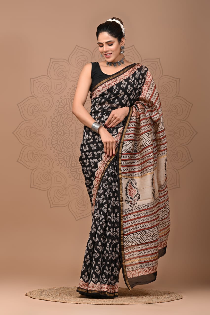 Pure chanderi silk saree with bagru handblock printed work