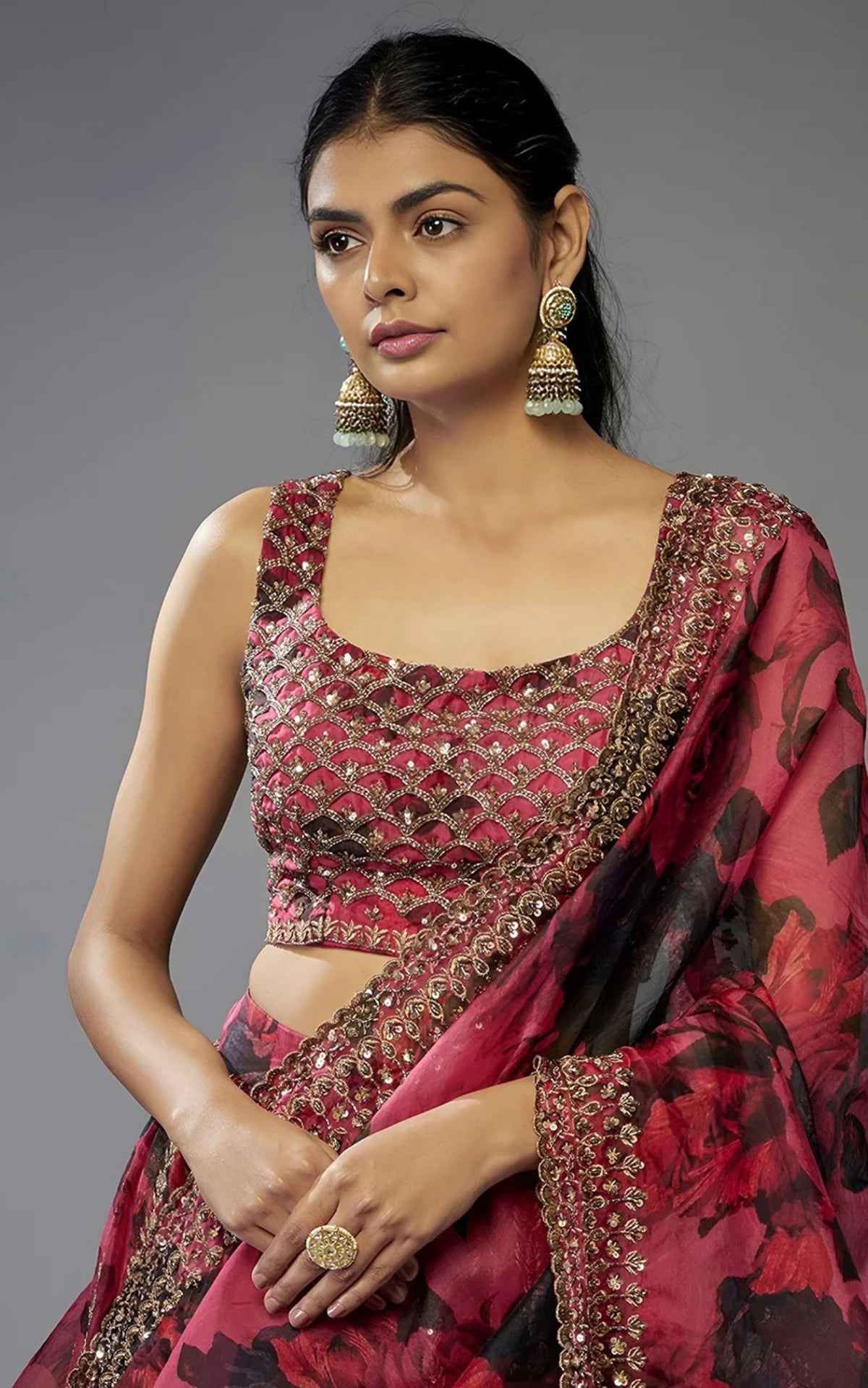 Printed Sequinned Semi-Stitched Lehenga & Unstitched Blouse With Dupatta              Size: SEMI-STITCHED (ONESIZE)