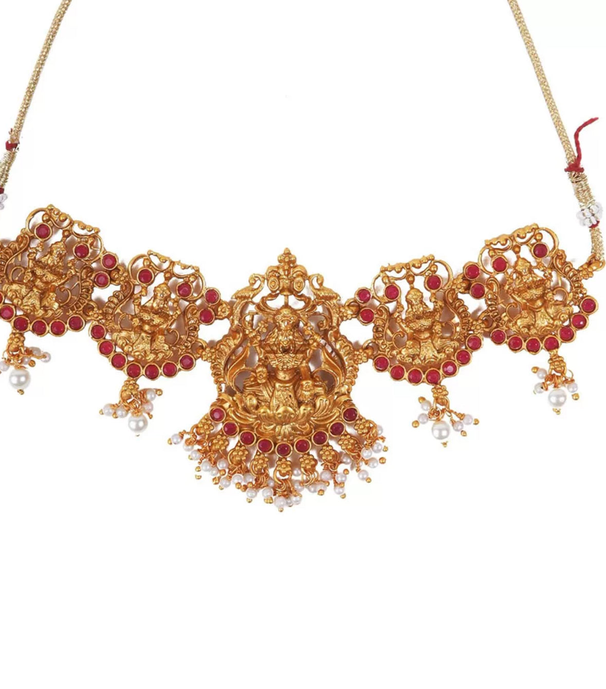 Gold-Plated Stone Studded & Beaded Lakshmi Goddess Temple Jewellery Set
