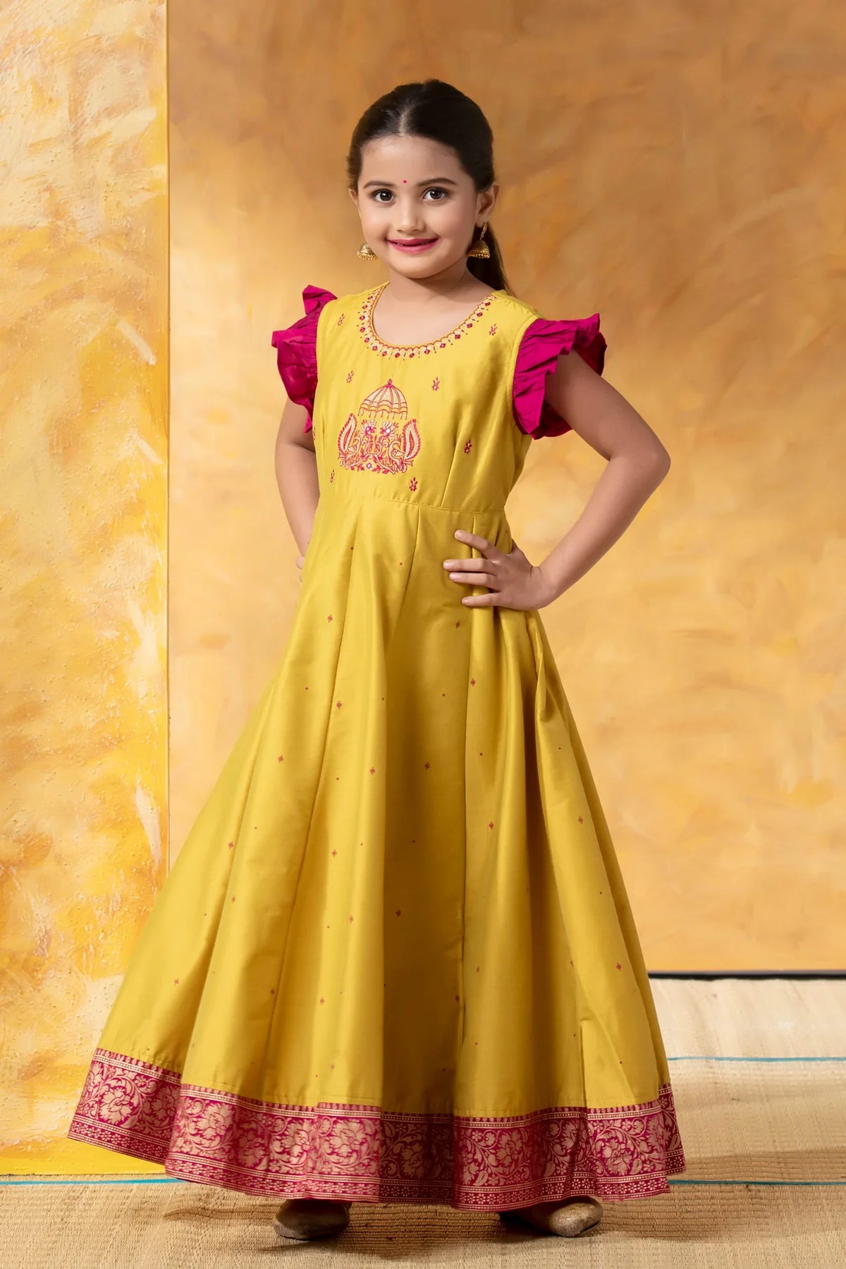 Lemon Green Kids Anarkali with Embroidery & Foil Work