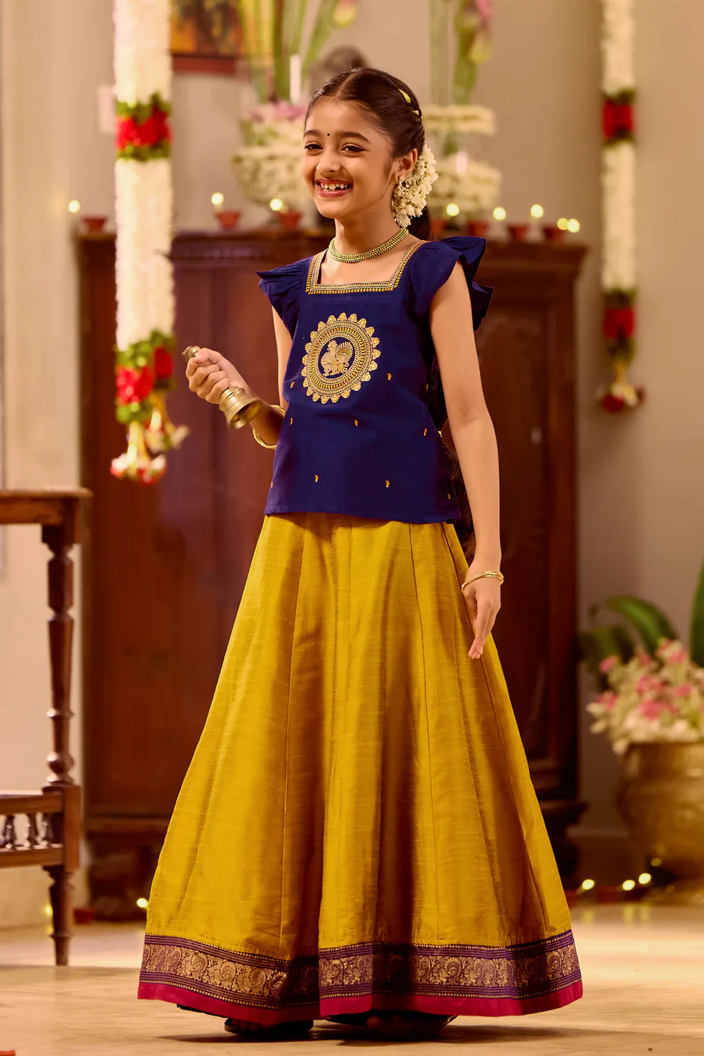 Purple & Mustard Kids Skirt Set with Annam Bird Embroidery