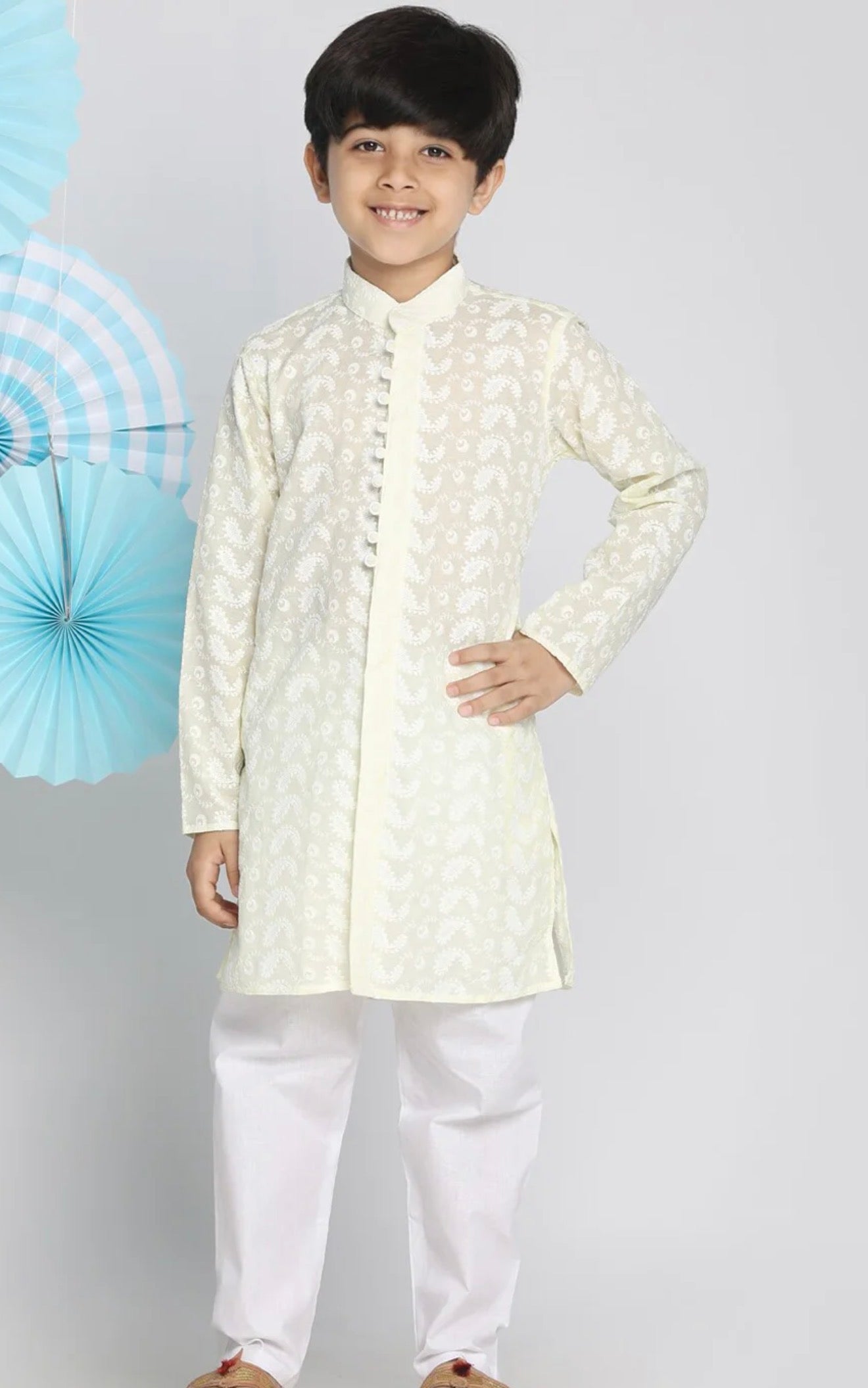 Boys Embroidered Chikankari Pure Cotton Kurta with Pyjamas
