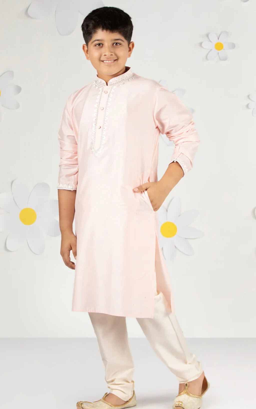 Boys Floral Yoke Design Thread Work Straight Kurta with Pyjamas