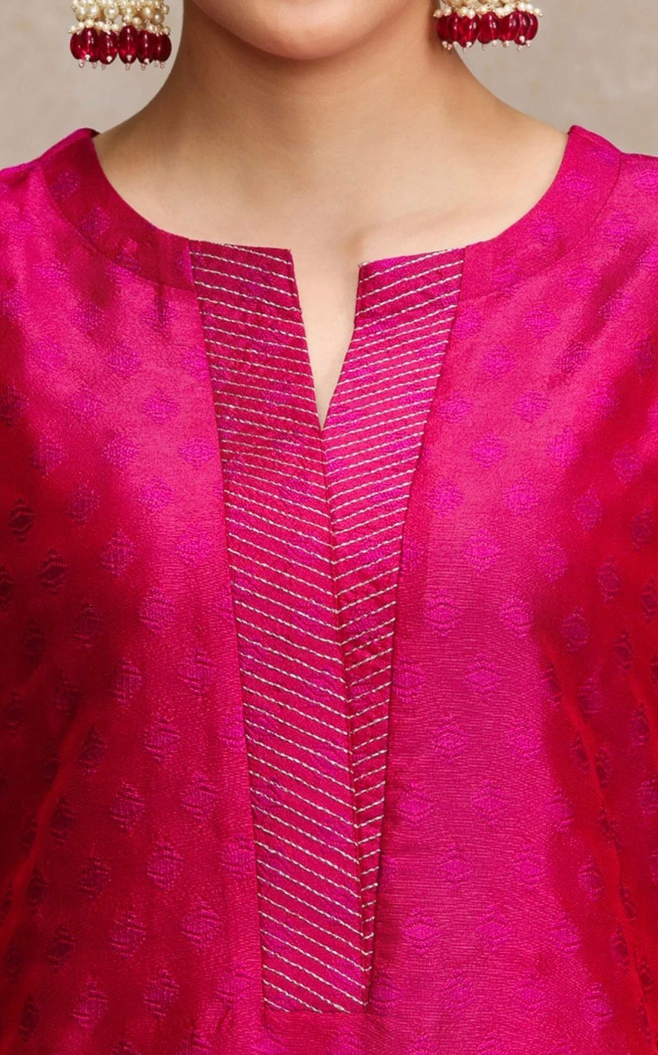 Women Pink Zari Work textured Kurta with Trouser and Printed...
1 kurta, 1 bottom, 1 dupatta