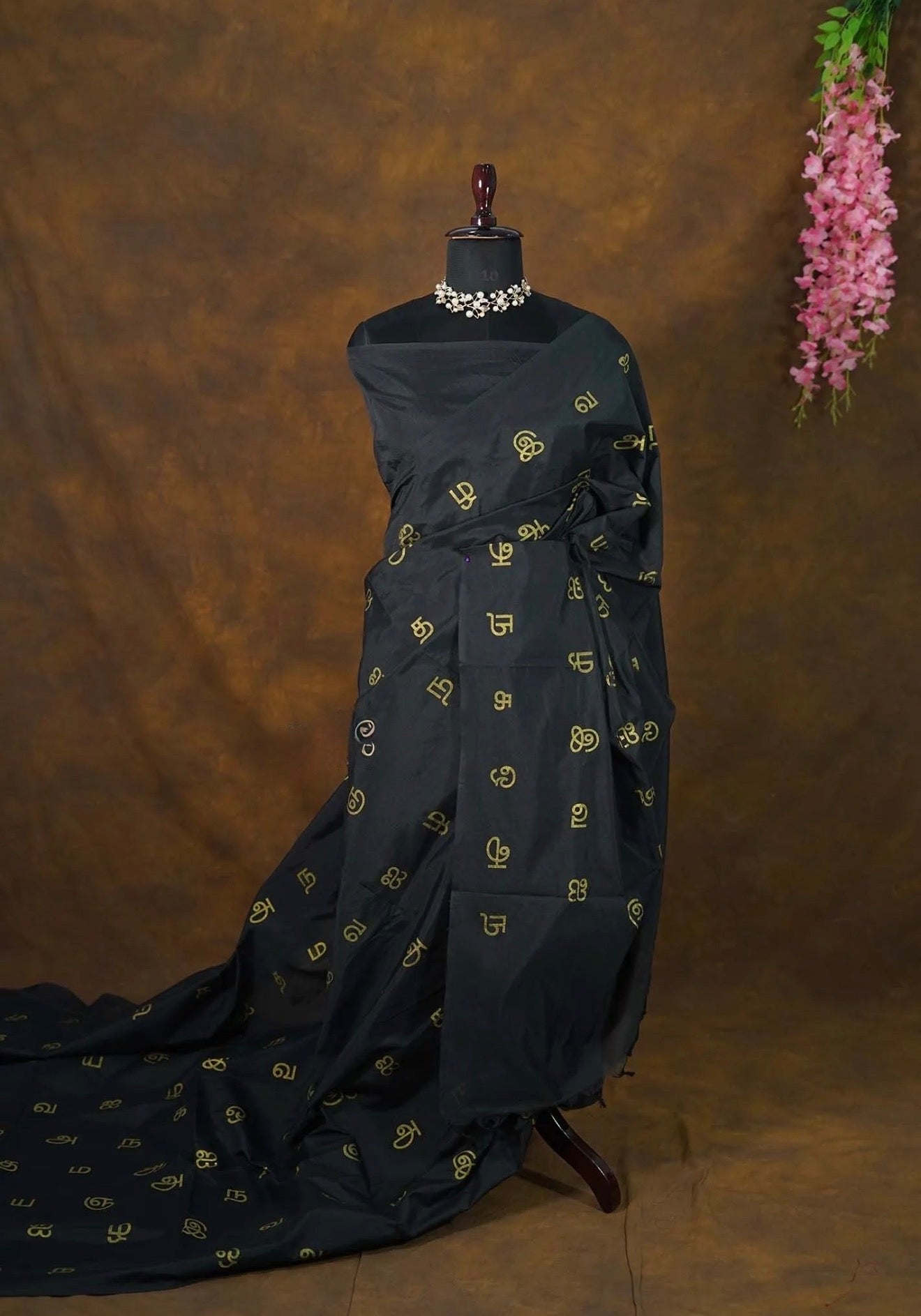 Deep Black - Tamizh Letters Handblock Printed Bamboo Cotton Double
Blouse Combo
