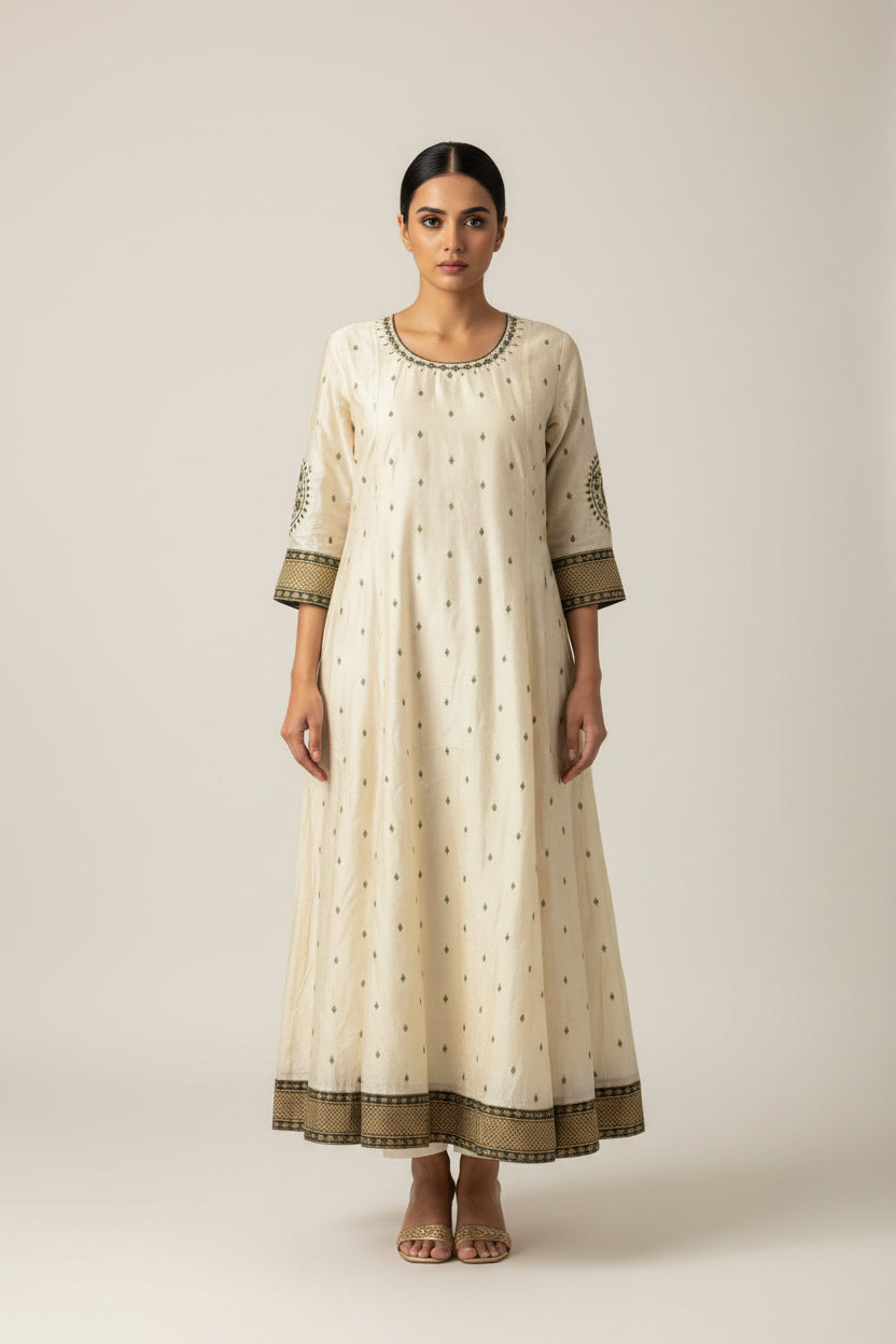 Jewel Inspired Printed With Geometric Embroidered Kurta Green