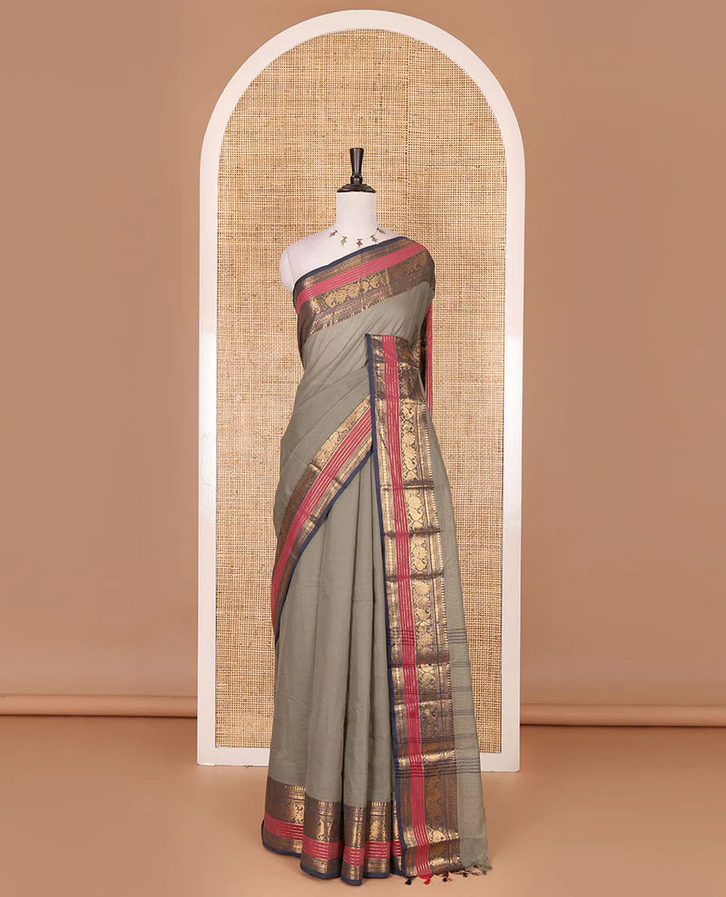 Light Grey zari buttas Chettinad cotton saree, contrast rettai pettu traditional zari border, striped pallu & blouse of zari border