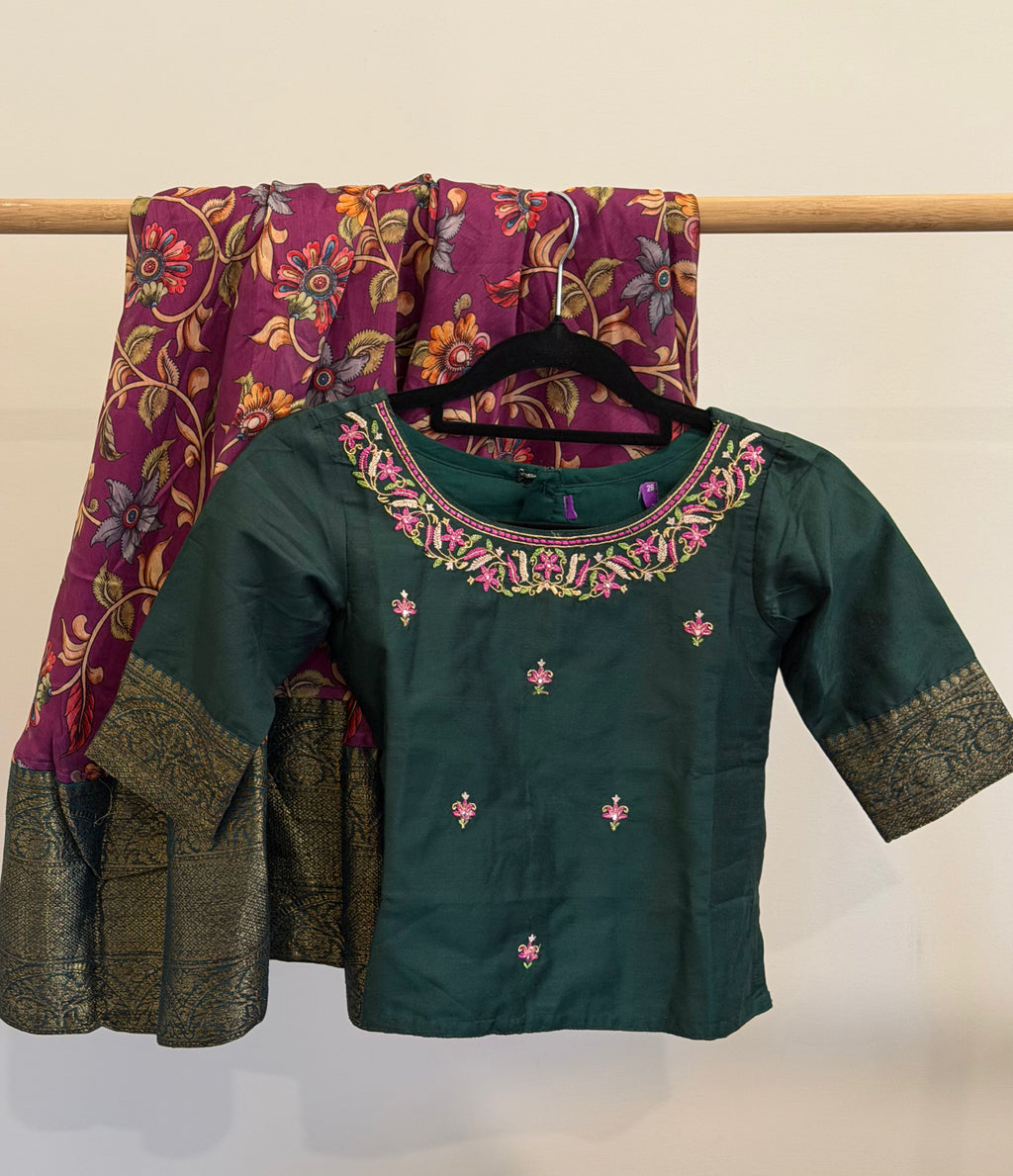 Floral Embroidered Printed With Zari Border
Kids Skirt Set Green Purple