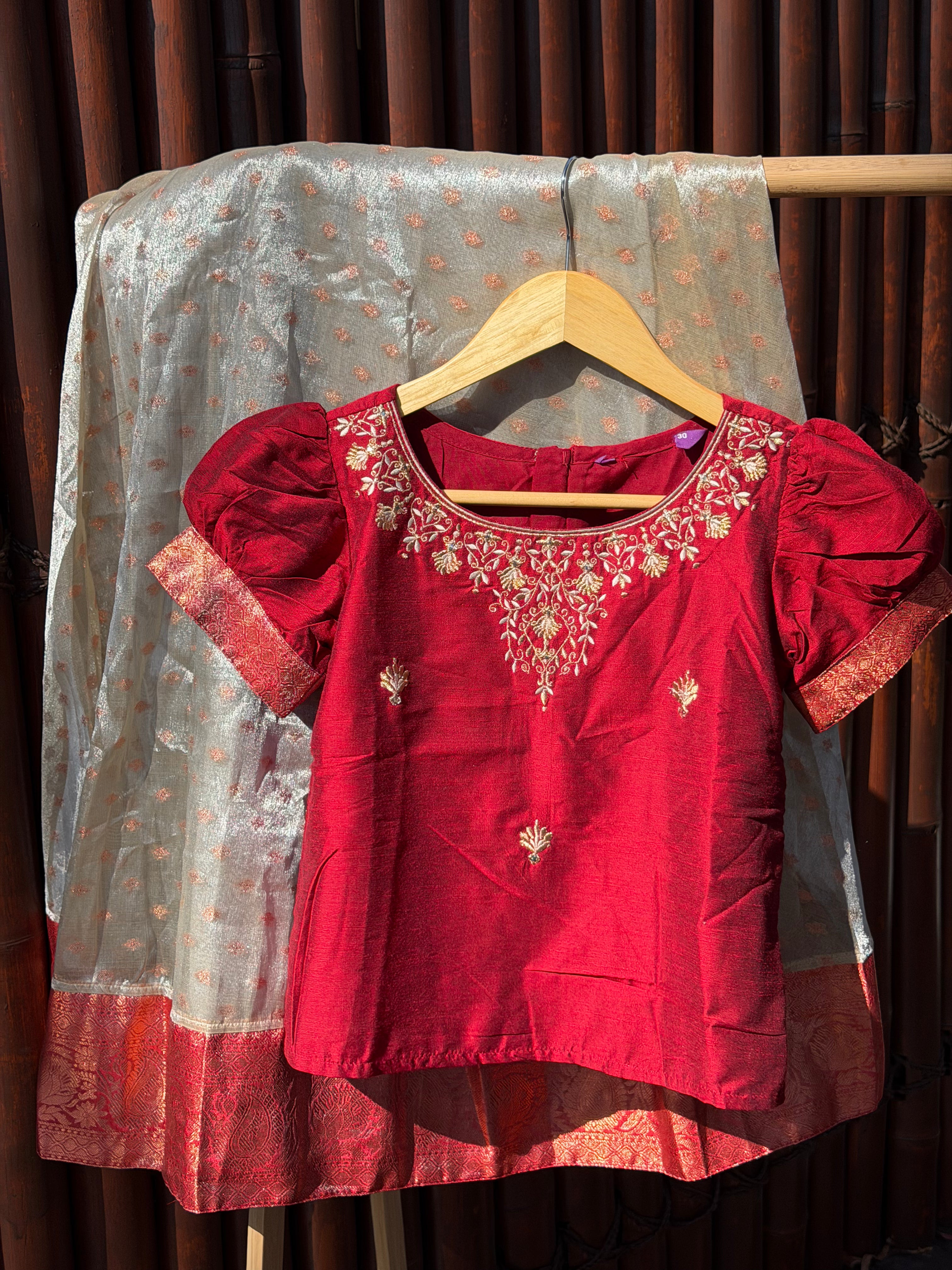 Floral Embroidered Neckline Top Brocade
With Silk Border Kids Skirt Set Red