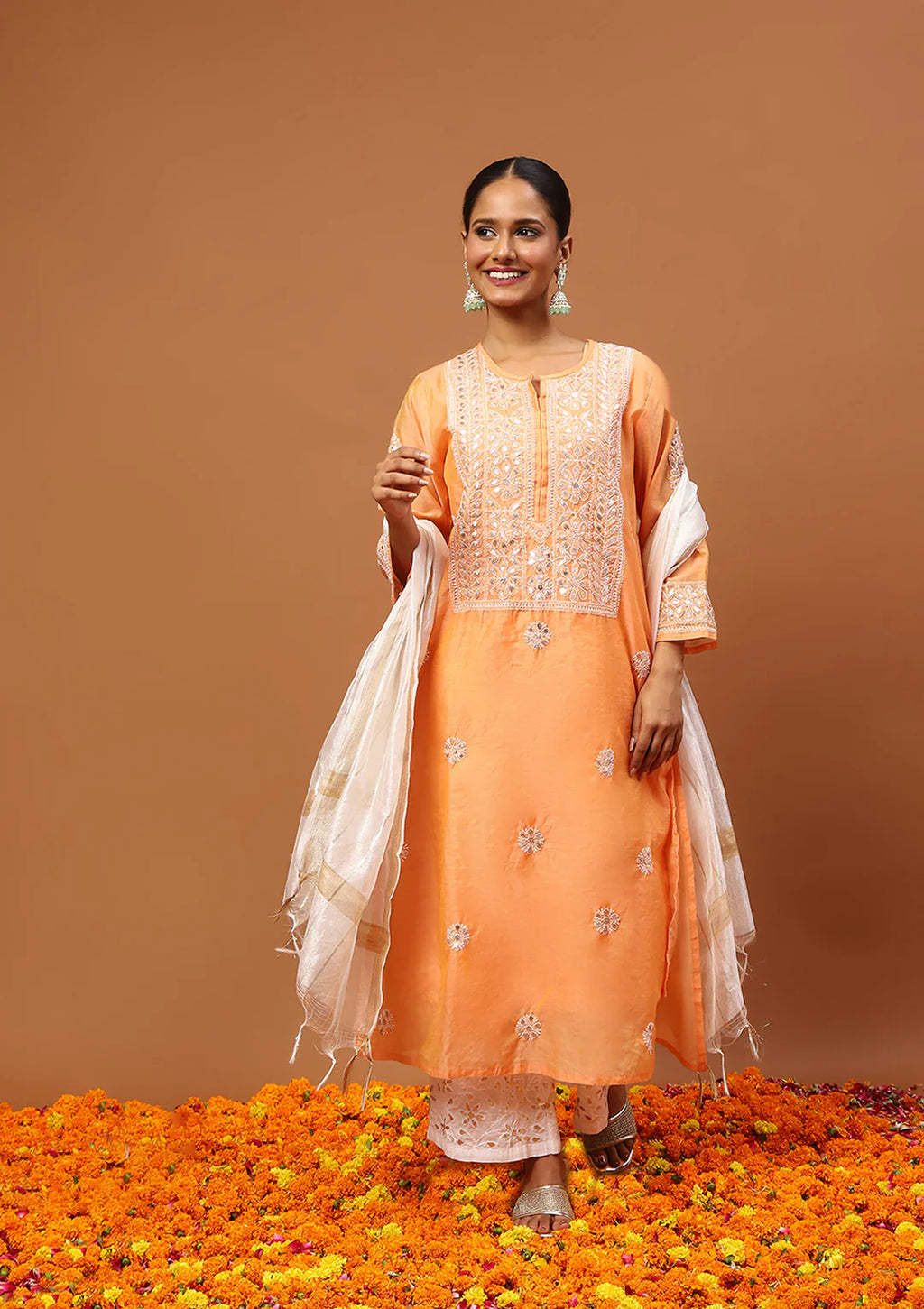 Chanderi Chikankari Gota Work Solid Women's 4 PC Long Kurta Set-Orange