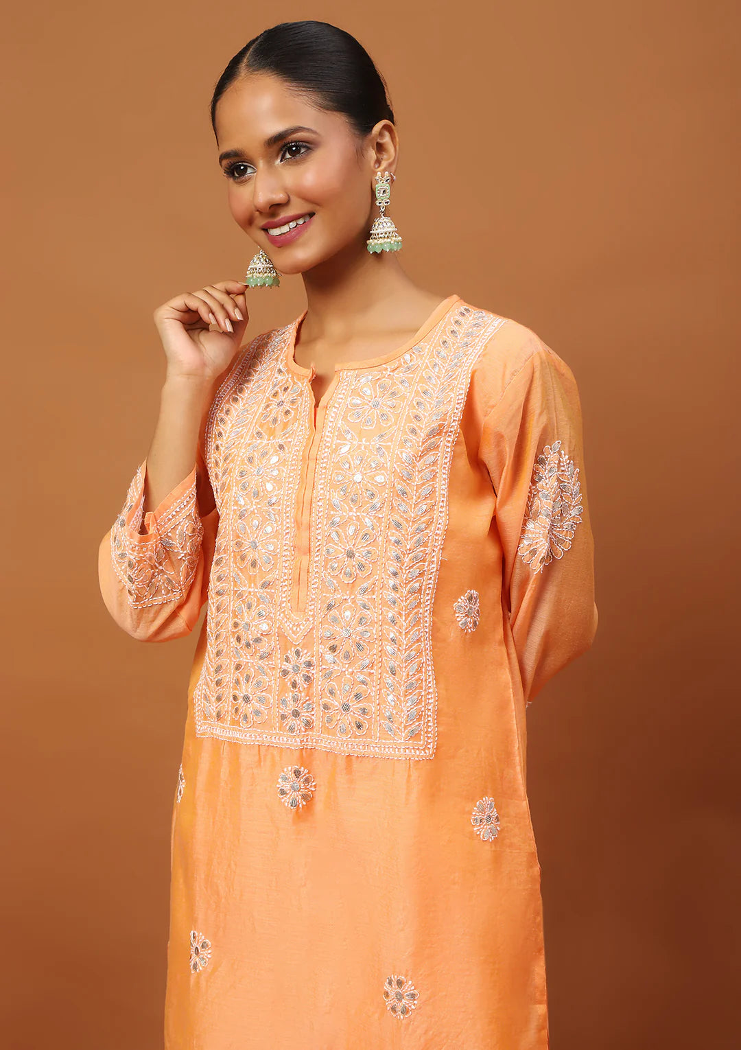 Chanderi Chikankari Gota Work Solid Women's 4 PC Long Kurta Set-Orange