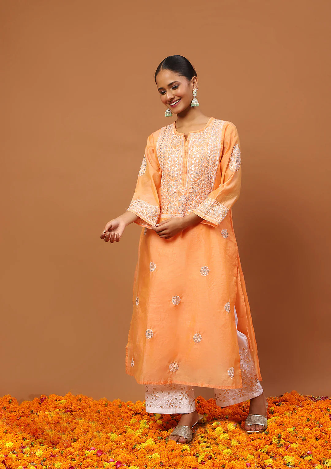 Chanderi Chikankari Gota Work Solid Women's 4 PC Long Kurta Set-Orange