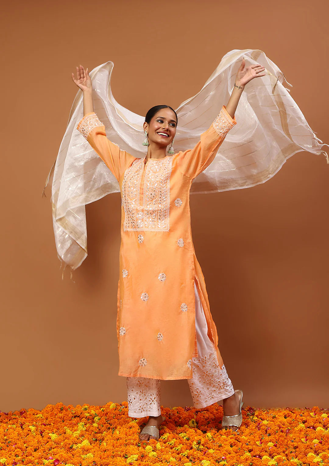 Chanderi Chikankari Gota Work Solid Women's 4 PC Long Kurta Set-Orange