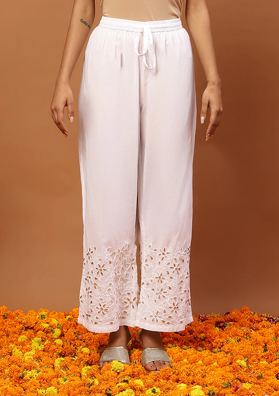 Chanderi Chikankari Gota Work Solid Women's 4 PC Long Kurta Set-Orange