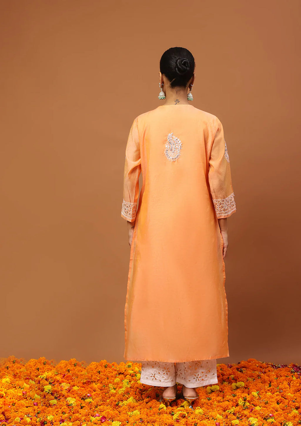 Chanderi Chikankari Gota Work Solid Women's 4 PC Long Kurta Set-Orange