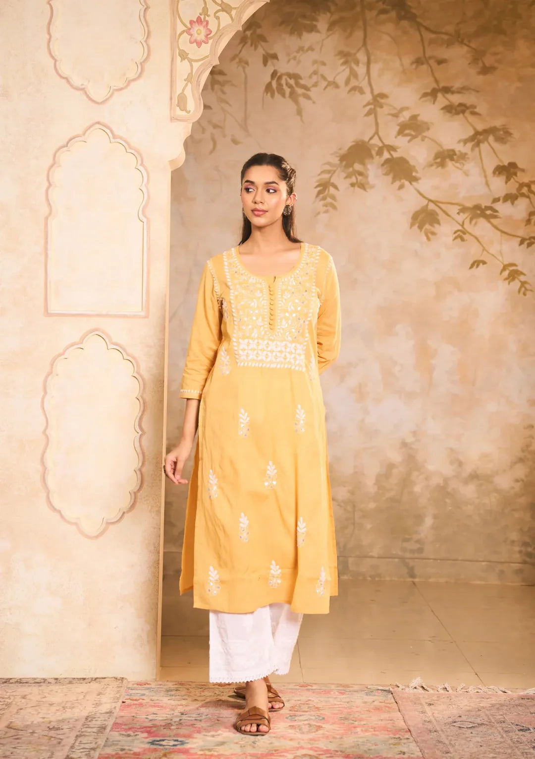 Cotton Chikankari Gota Work Solid Women's Long Kurta - Yellow