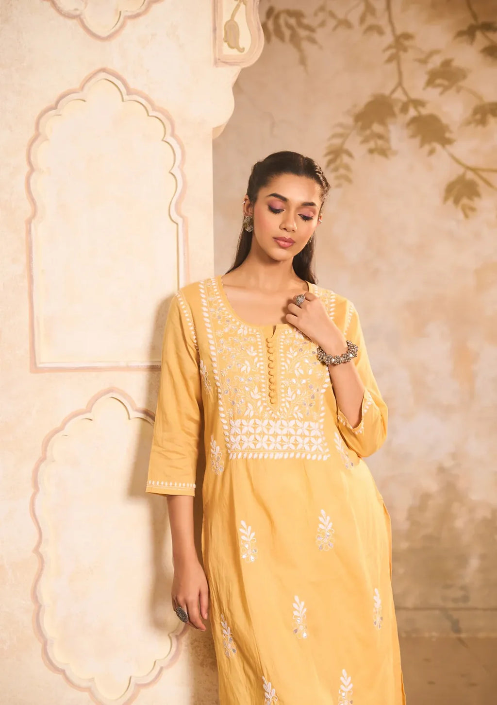 Cotton Chikankari Gota Work Solid Women's Long Kurta - Yellow