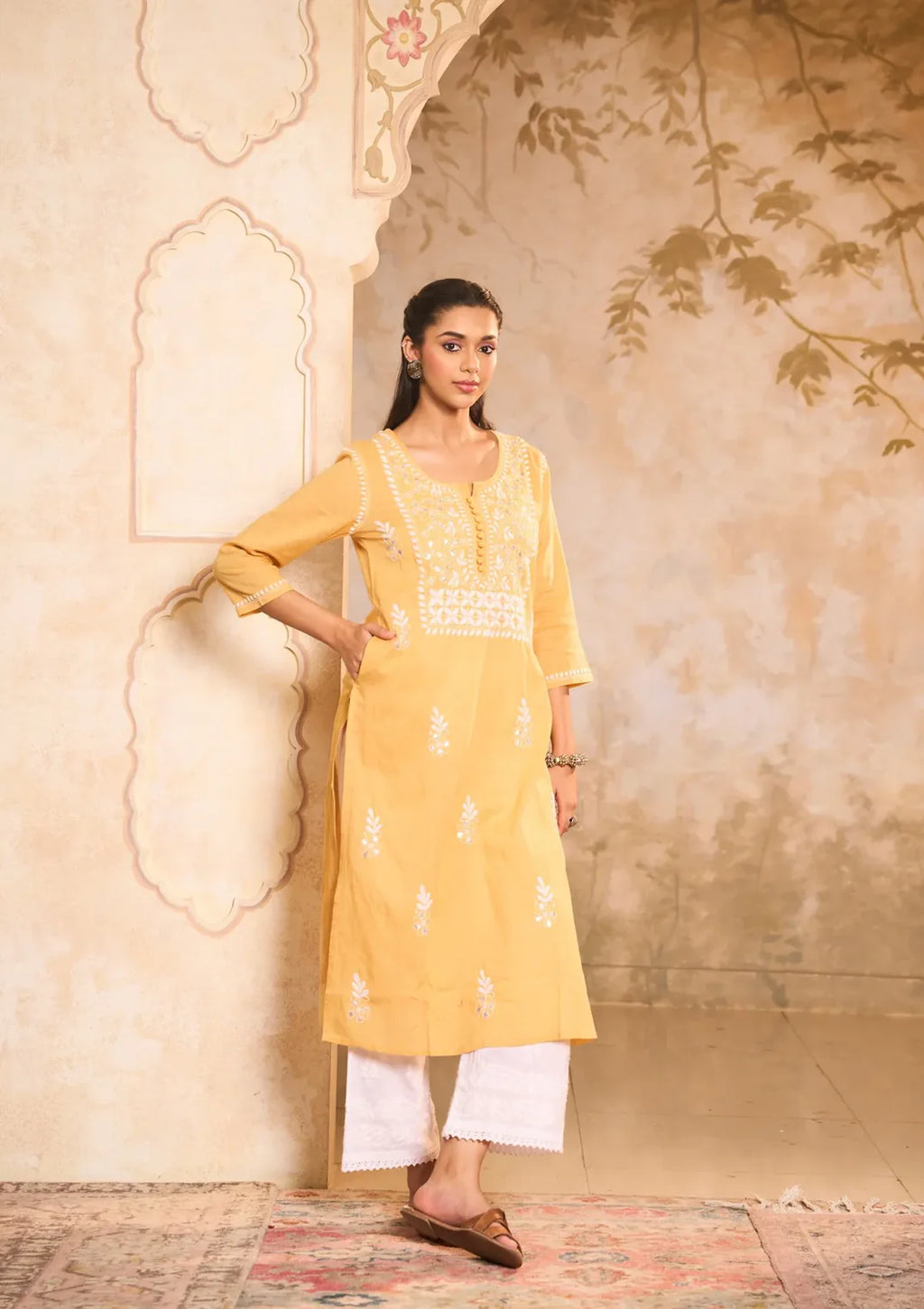 Cotton Chikankari Gota Work Solid Women's Long Kurta - Yellow