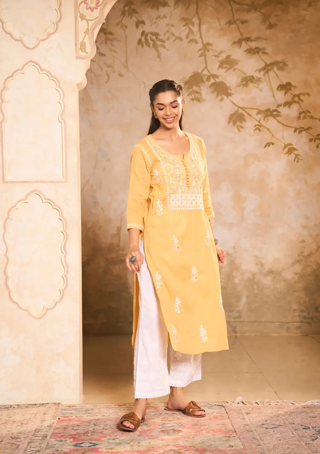 Cotton Chikankari Gota Work Solid Women's Long Kurta - Yellow