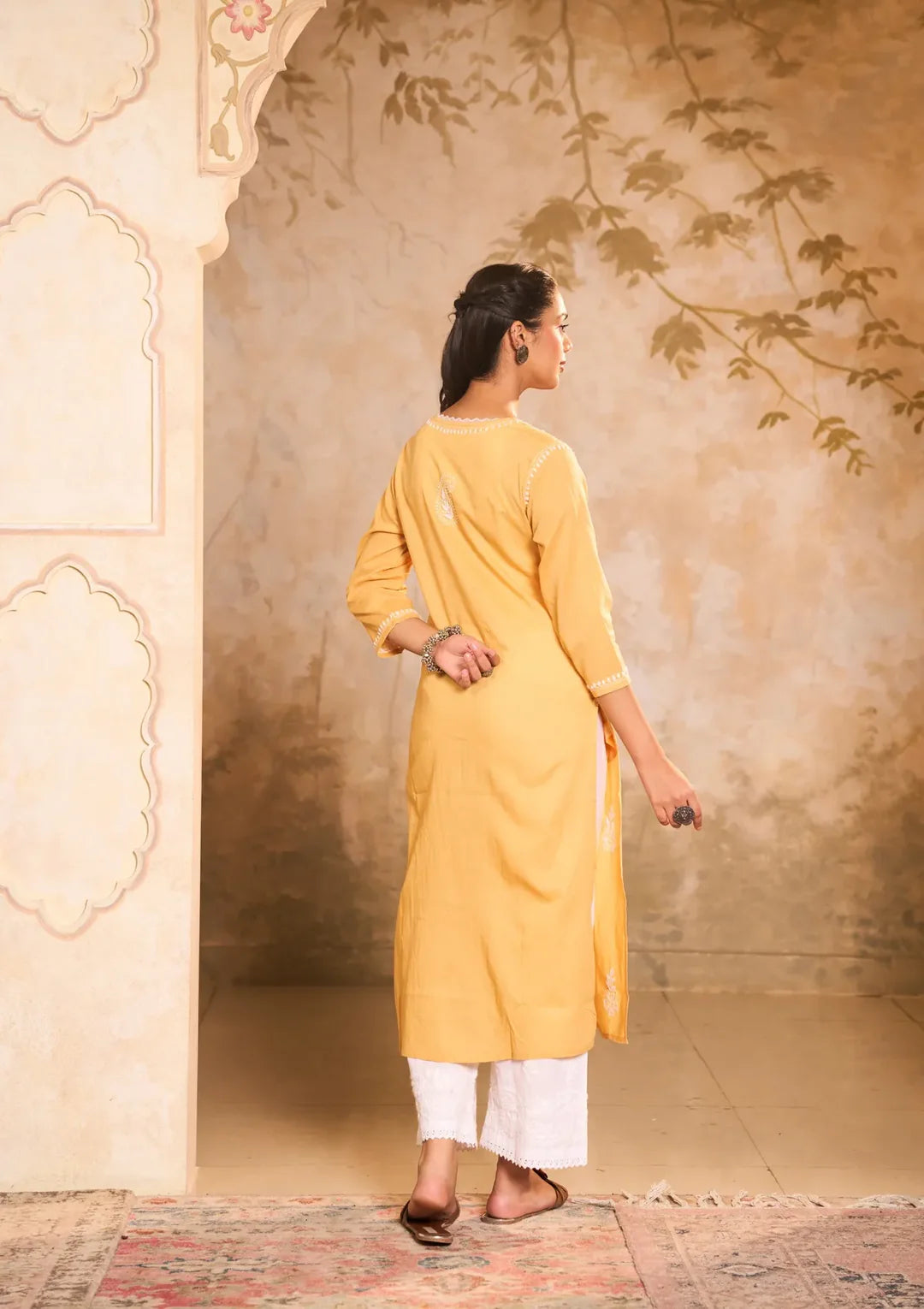 Cotton Chikankari Gota Work Solid Women's Long Kurta - Yellow