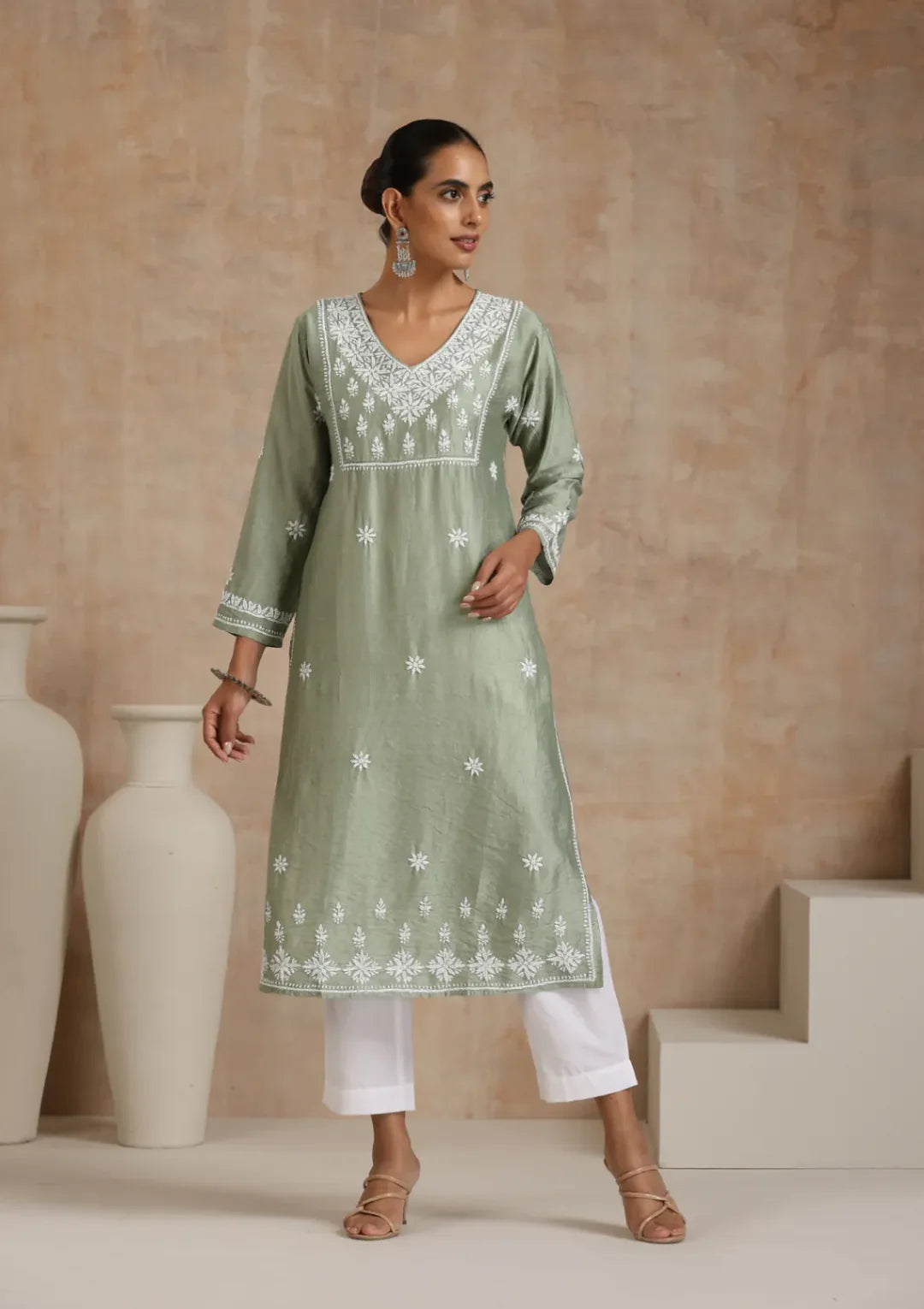 Chanderi Chikankari Solid
Women's Long Kurta - Green