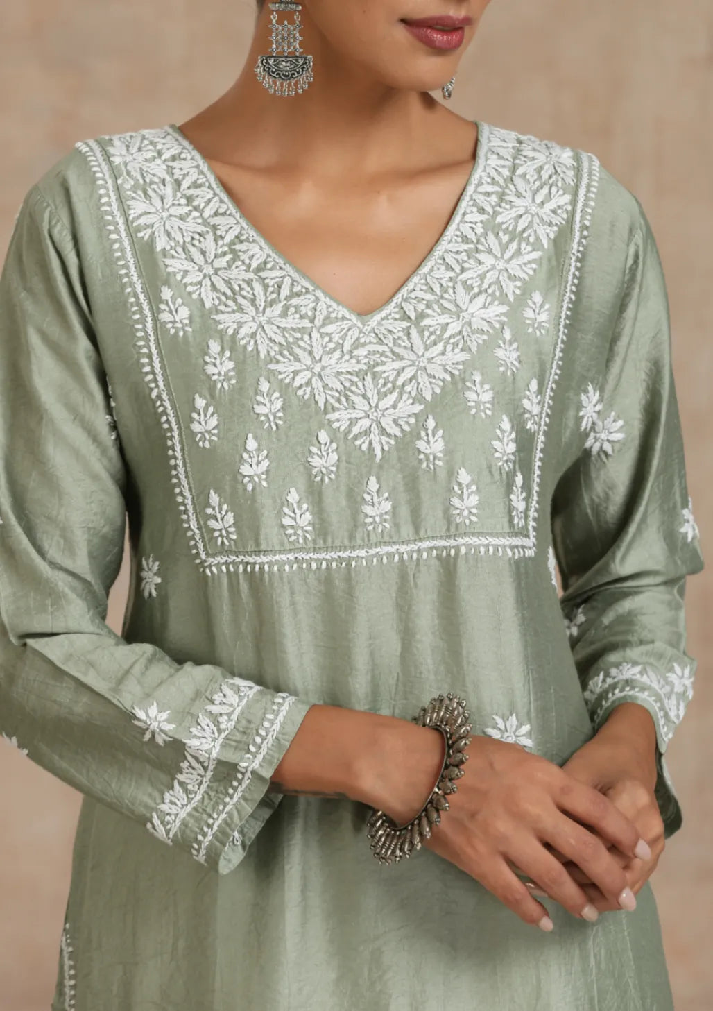 Chanderi Chikankari Solid
Women's Long Kurta - Green