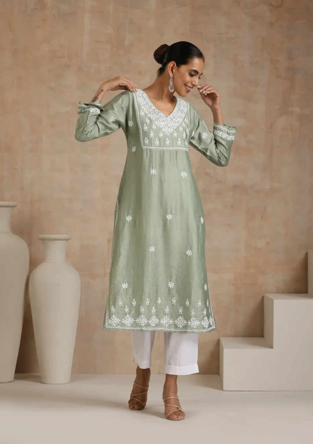 Chanderi Chikankari Solid
Women's Long Kurta - Green